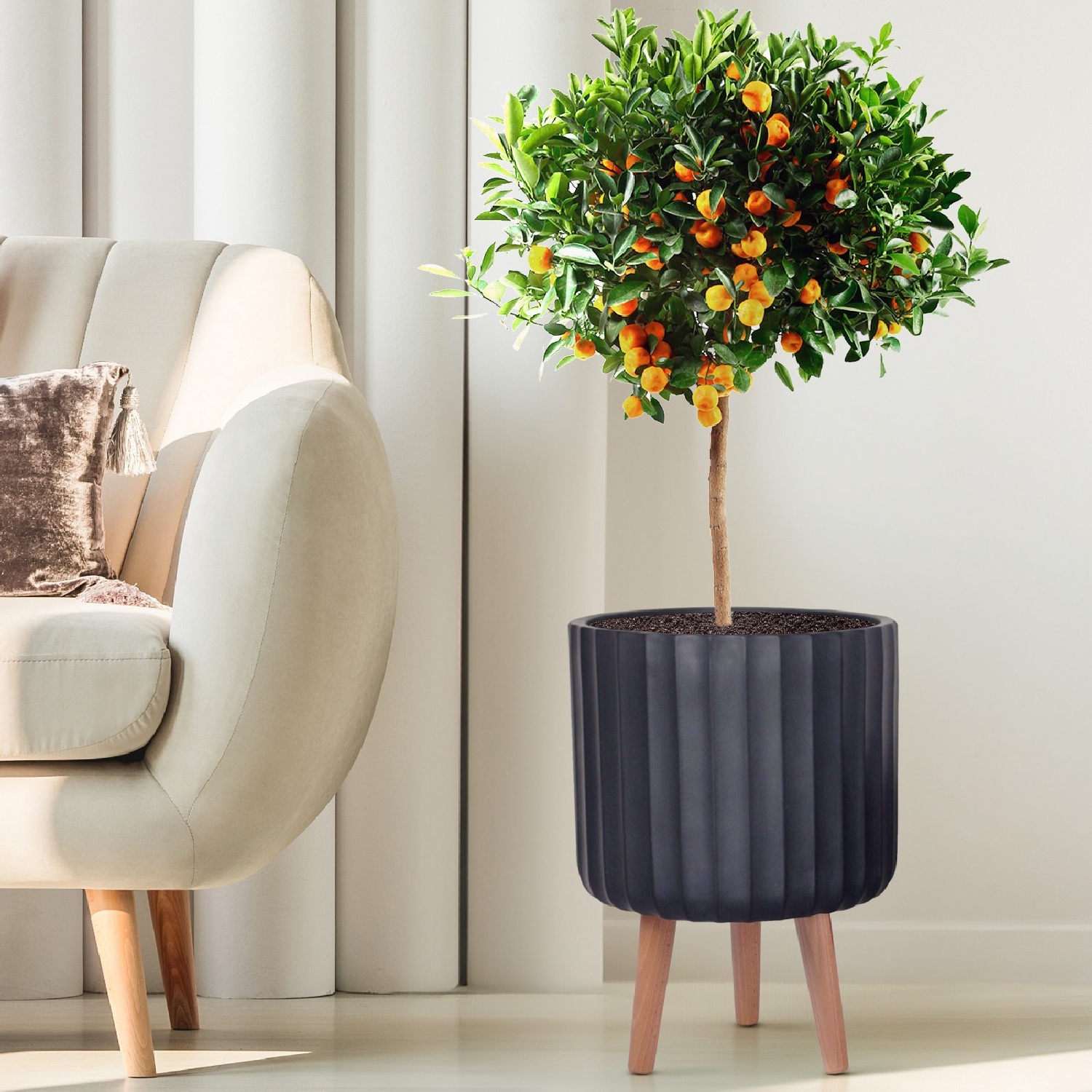 IDEALIST Lite Modern Ribbed Cylinder Planter on Legs, Round Pot Plant Stand Indoor