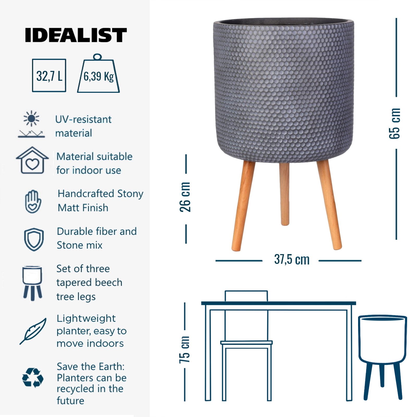 IDEALIST Lite Honeycomb Style Cylinder Planter on Legs, Round Pot Plant Stand Indoor