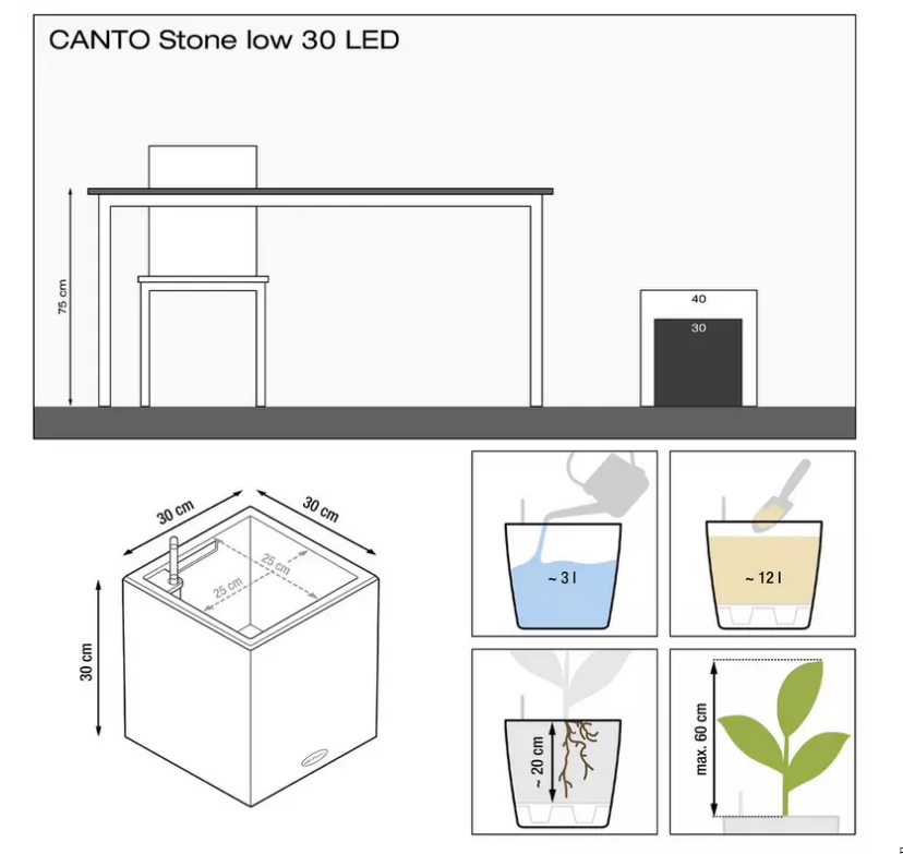 LECHUZA CANTO Stone Low LED Square Poly Resin Self-watering Planter