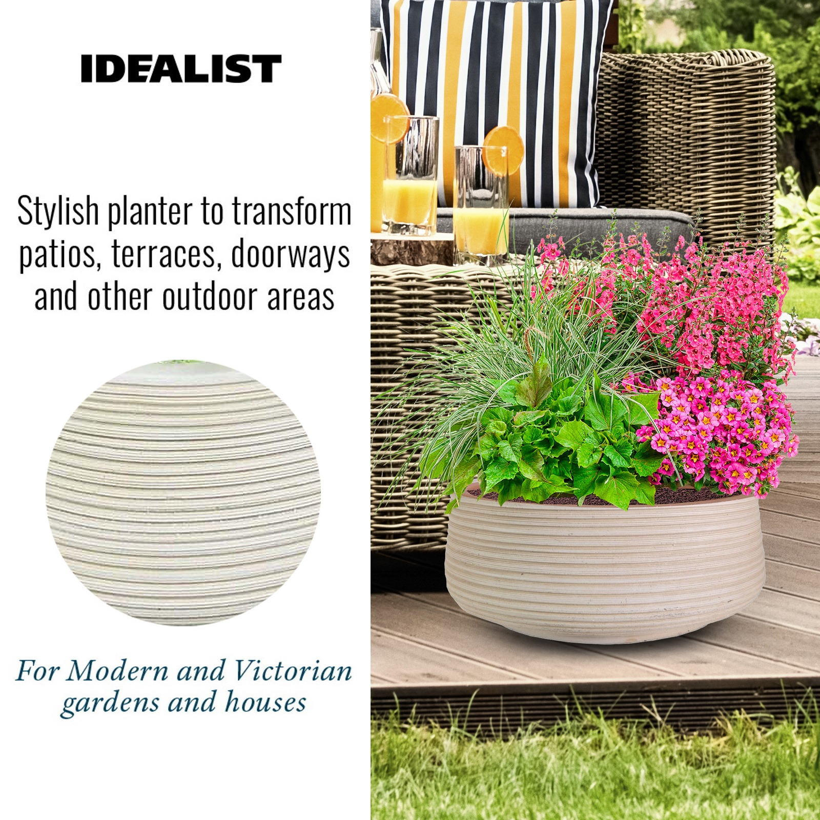 IDEALIST Lite Large Ribbed Light Concrete Bowl Planter