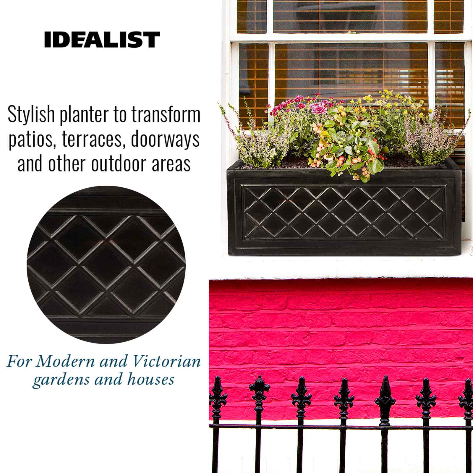 IDEALIST Lite Window Box Faux Lead Lattice Grey Light Stone Planter
