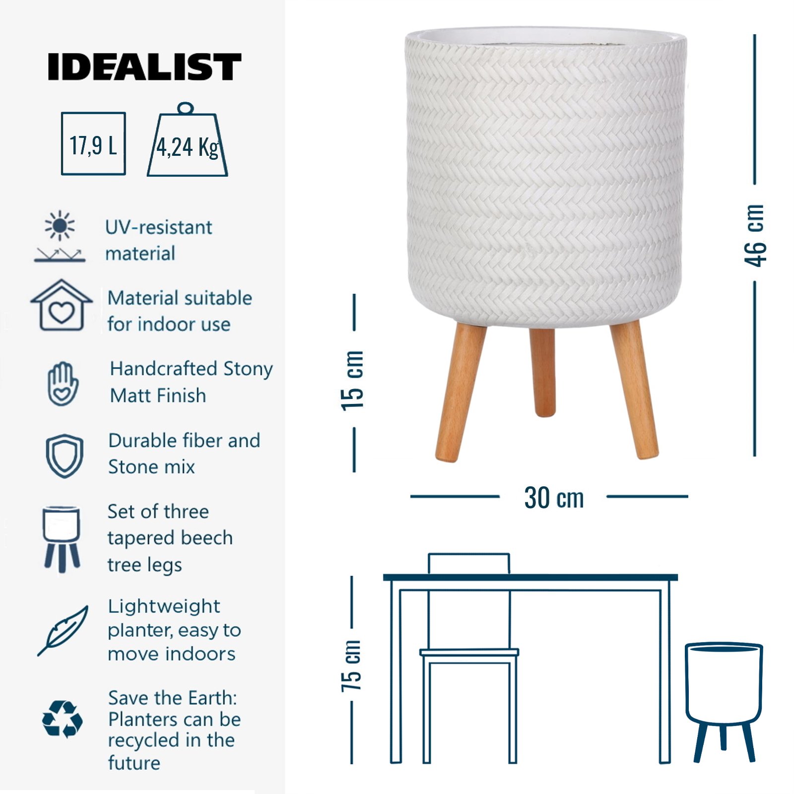 IDEALIST Lite Plaited Style Cylinder Planter on Legs, Round Pot Plant Stand Indoor