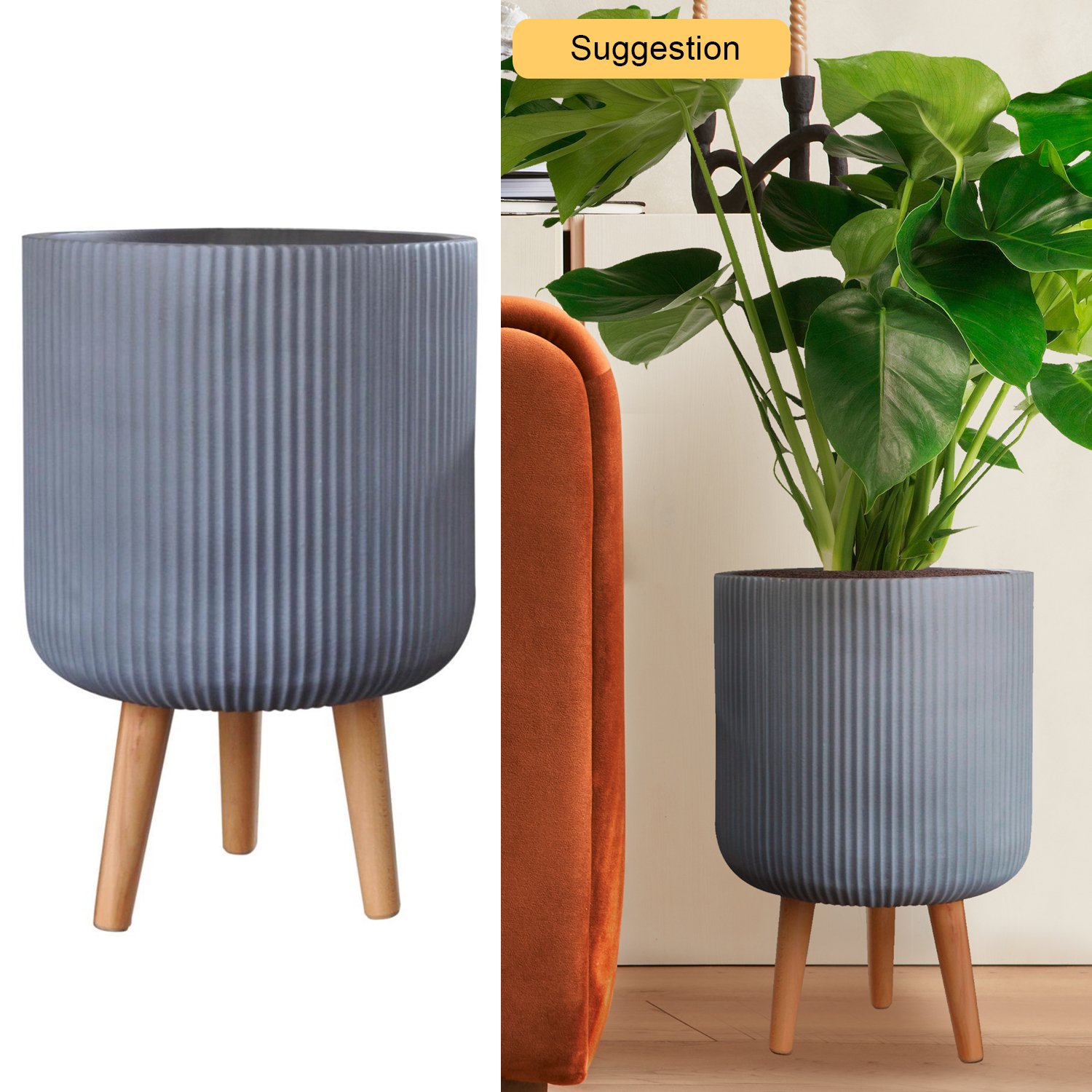 IDEALIST Lite Ribbed Cylinder Planter on Legs, Round Pot Plant Stand Indoor