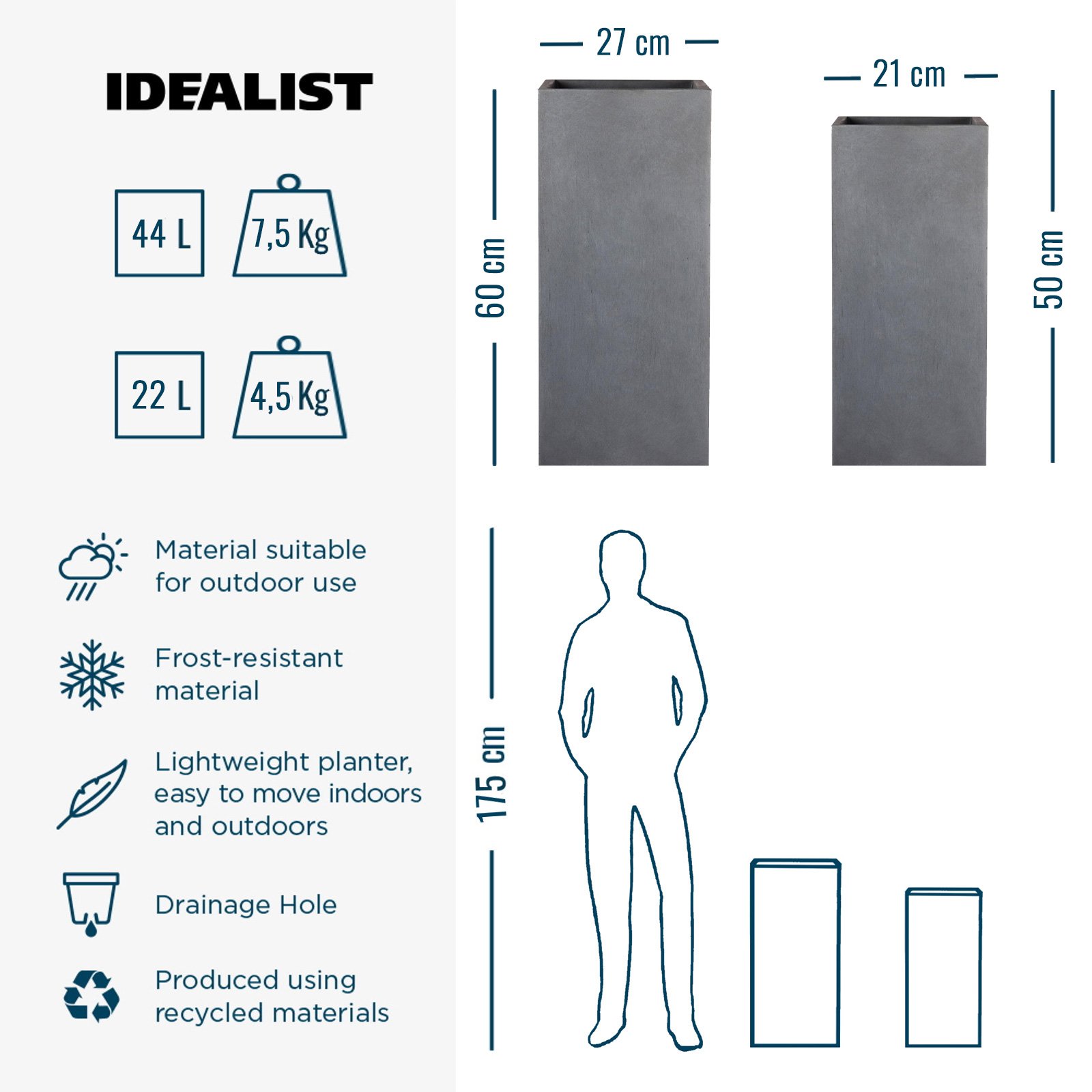 IDEALIST Lite Tall Square Contemporary Light Concrete Planter Set