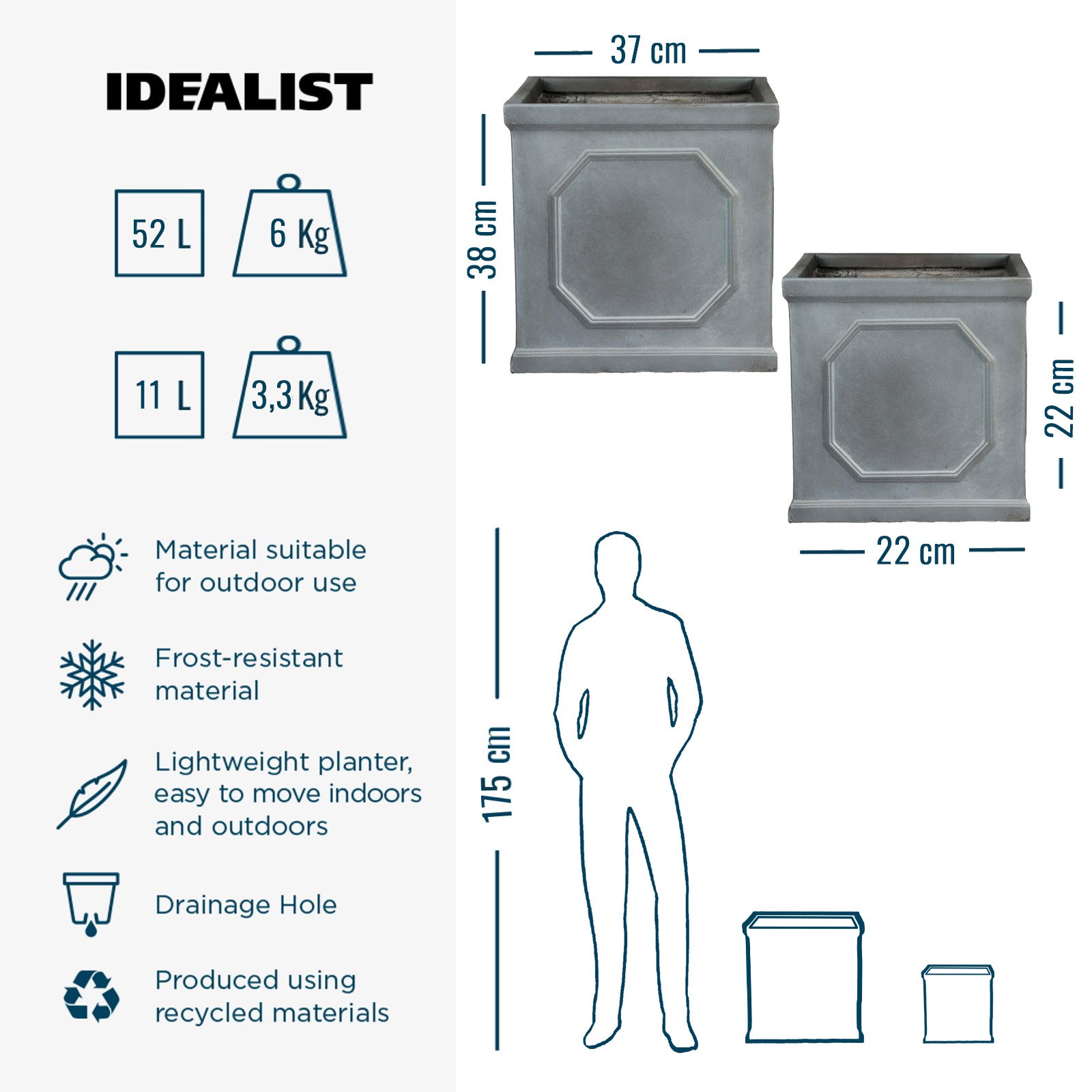 IDEALIST Lite Faux Lead Chelsea Box Square Grey Light Stone Planter Set