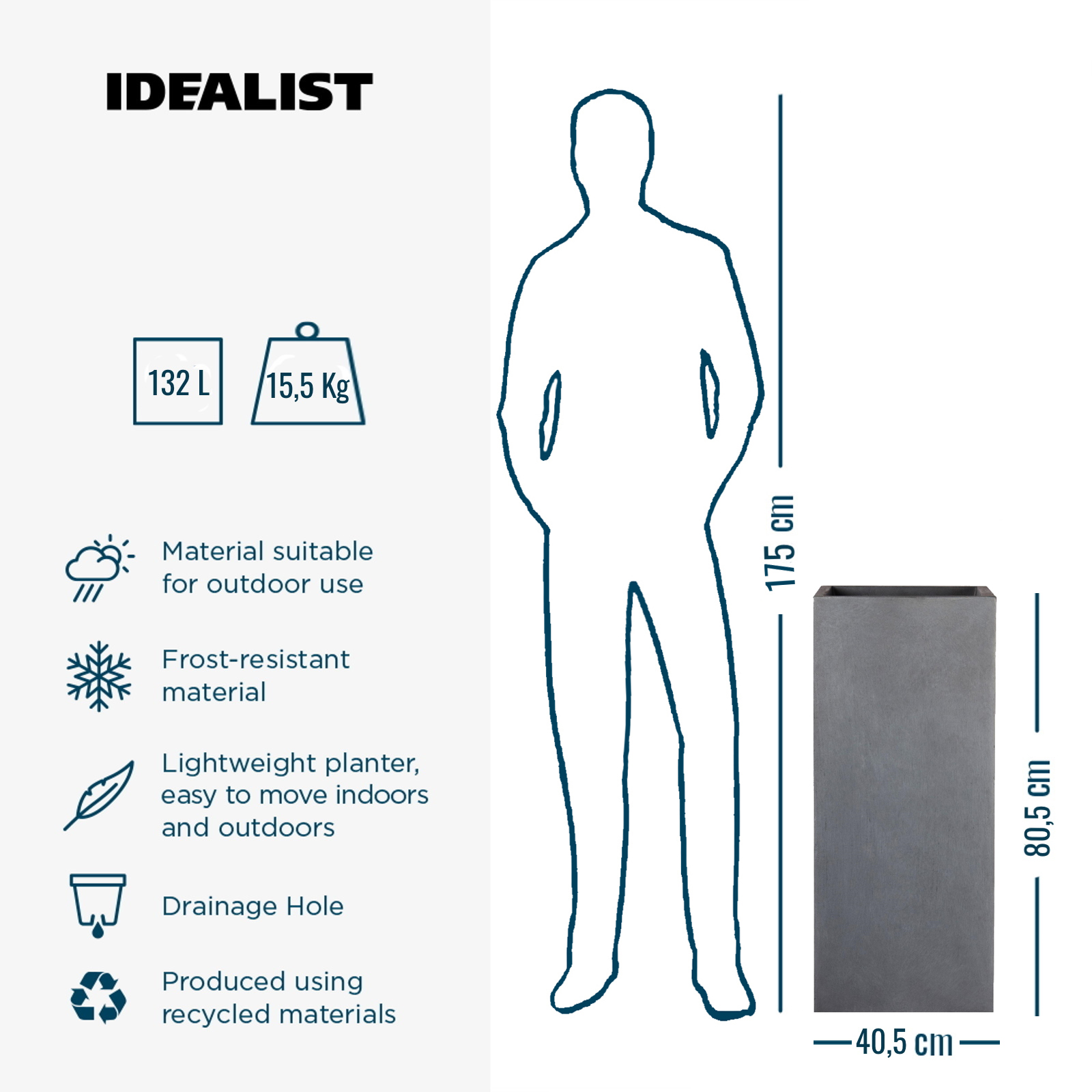 IDEALIST Lite Tall Square Contemporary Light Concrete Planter