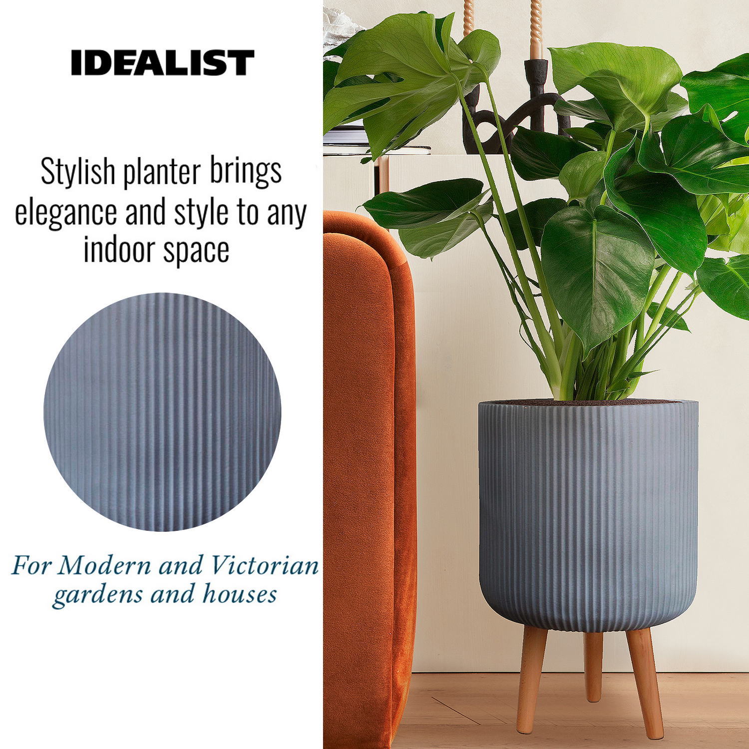 IDEALIST Lite Ribbed Cylinder Planter on Legs, Round Pot Plant Stand Indoor