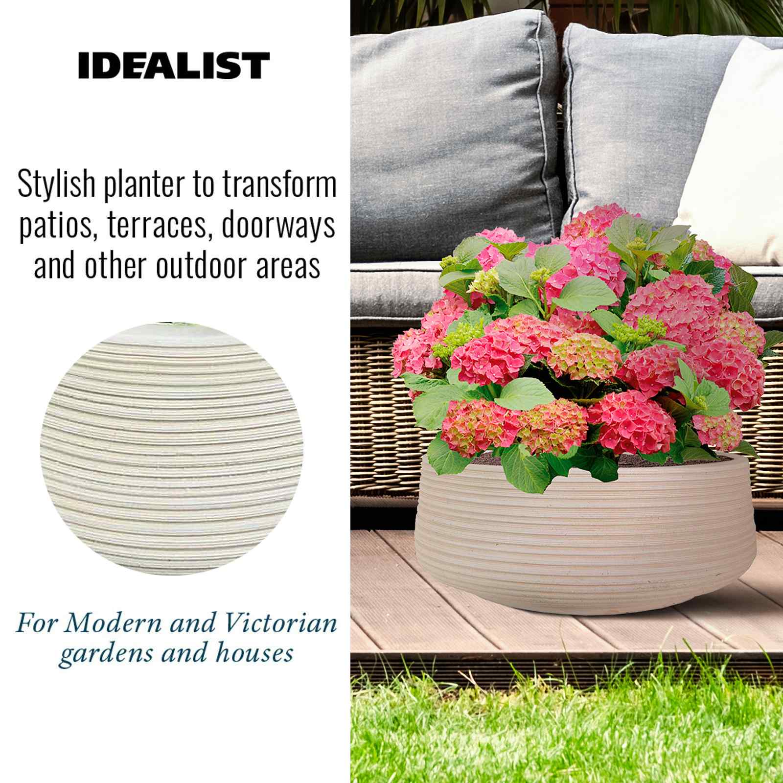 IDEALIST Lite Large Ribbed Light Concrete Bowl Planter
