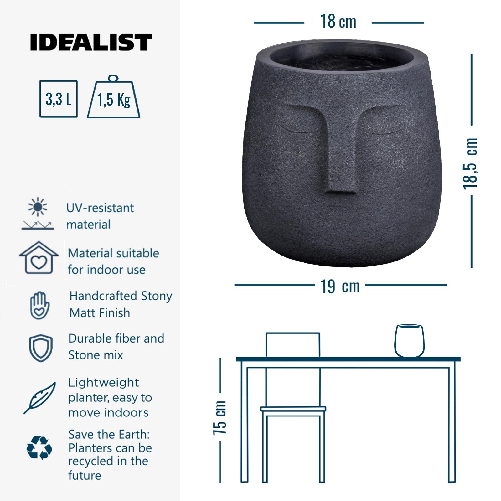 IDEALIST Lite Textured Concrete Effect Oval Indoor Face Pot