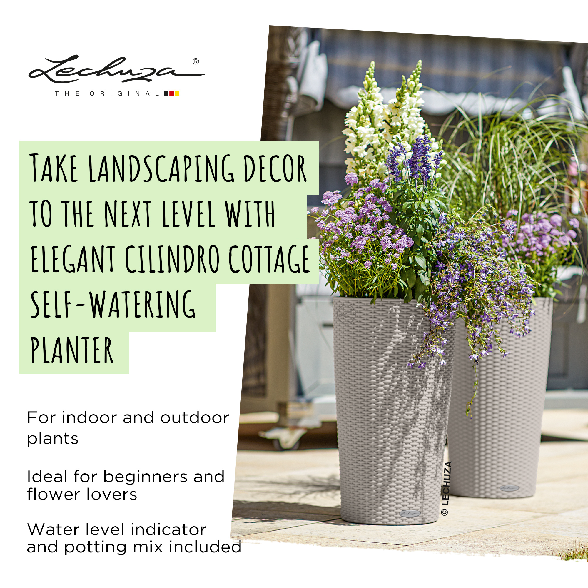 LECHUZA CILINDRO Cottage Round Tall Poly Resin Self-watering Planter