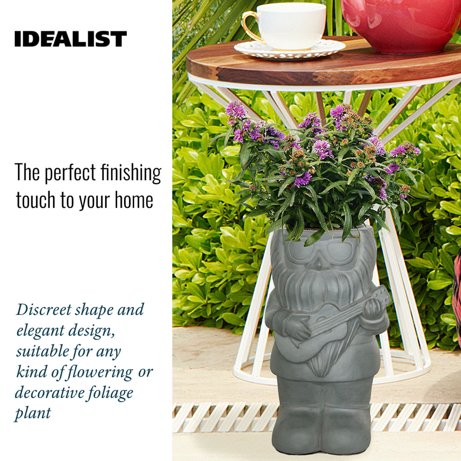 IDEALIST Lite Gnome with a Guitar Oval Plant Pot Outdoor