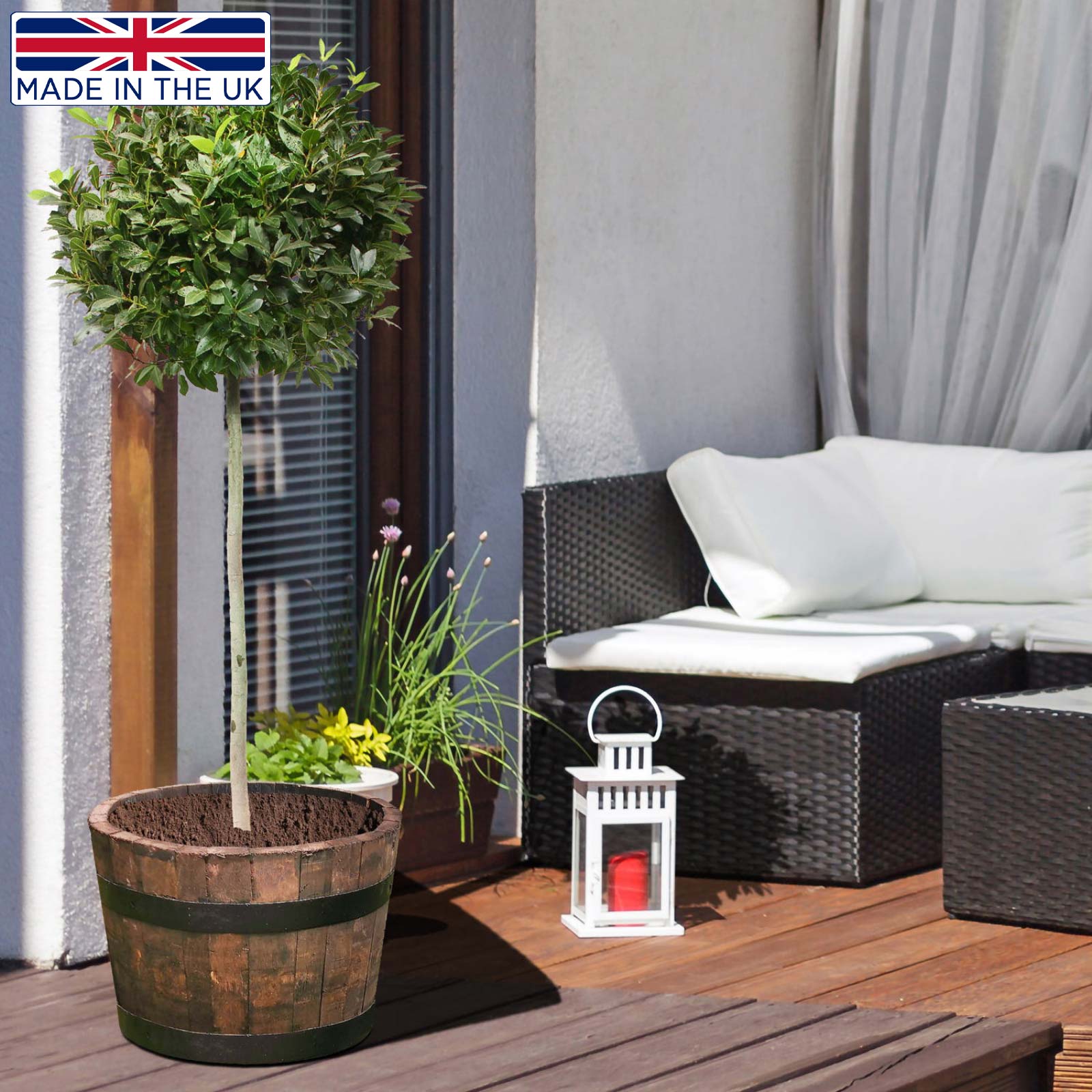 Rustic Upcycled Oak Wood Round Tub Half Barrel Outdoor Planter Made in UK by HORTICO