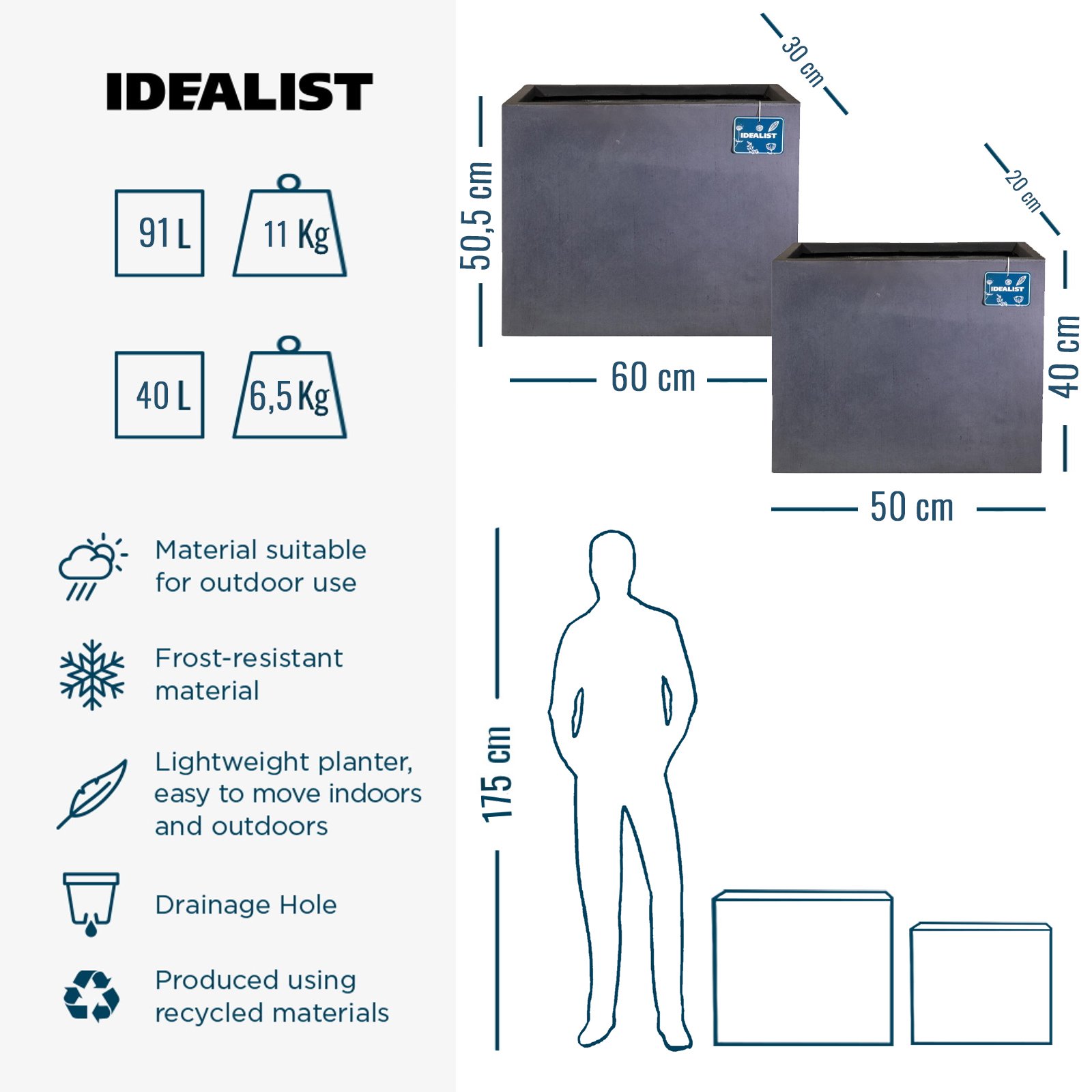 IDEALIST Lite Contemporary Light Concrete Trough Planter Set