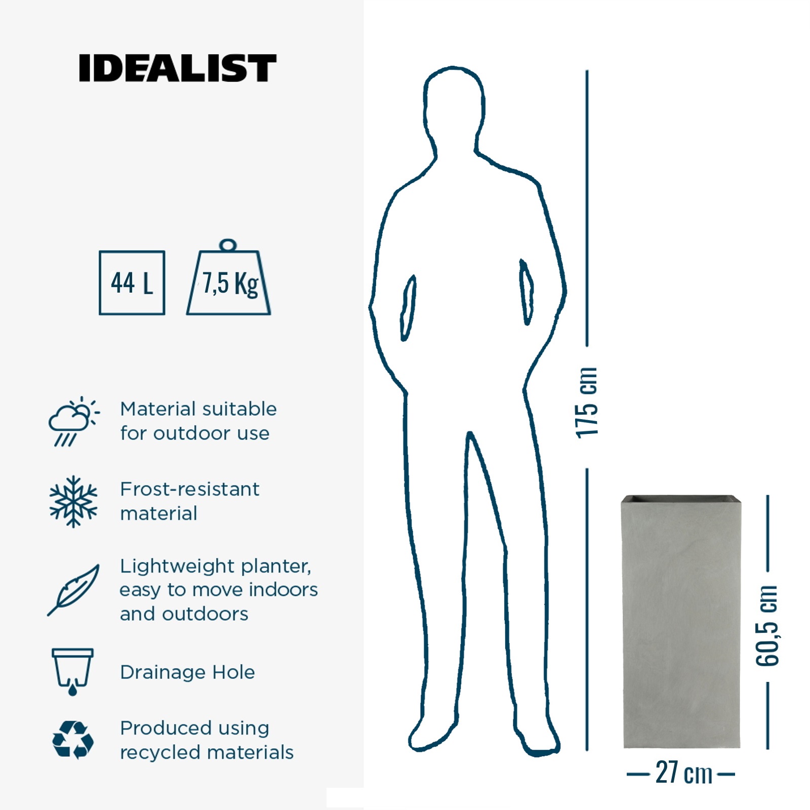 IDEALIST Lite Tall Square Contemporary Light Concrete Planter