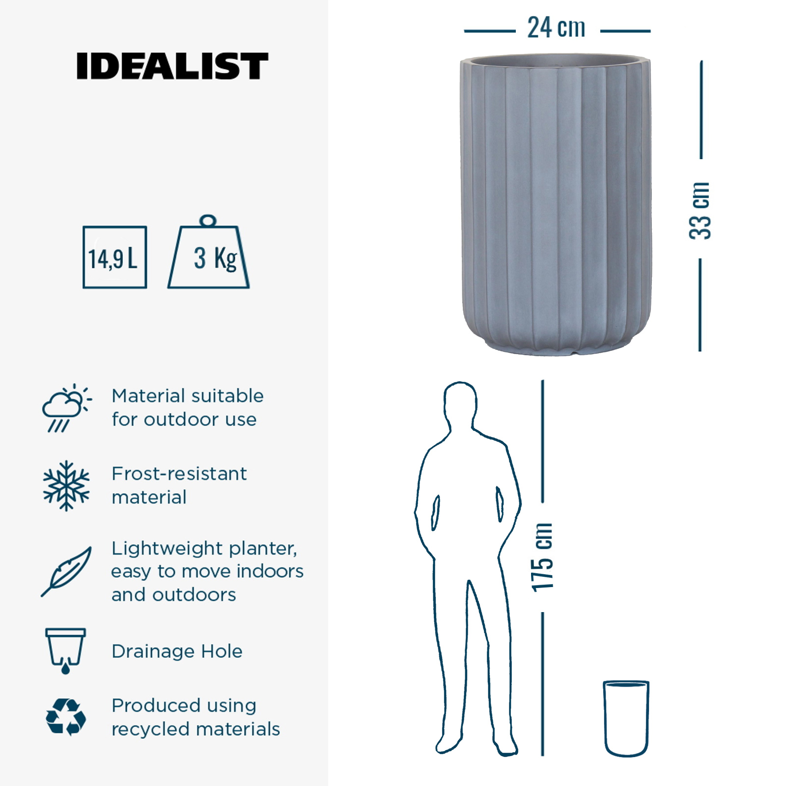 IDEALIST Lite Modern Ribbed Cylinder Round Outdoor Planter
