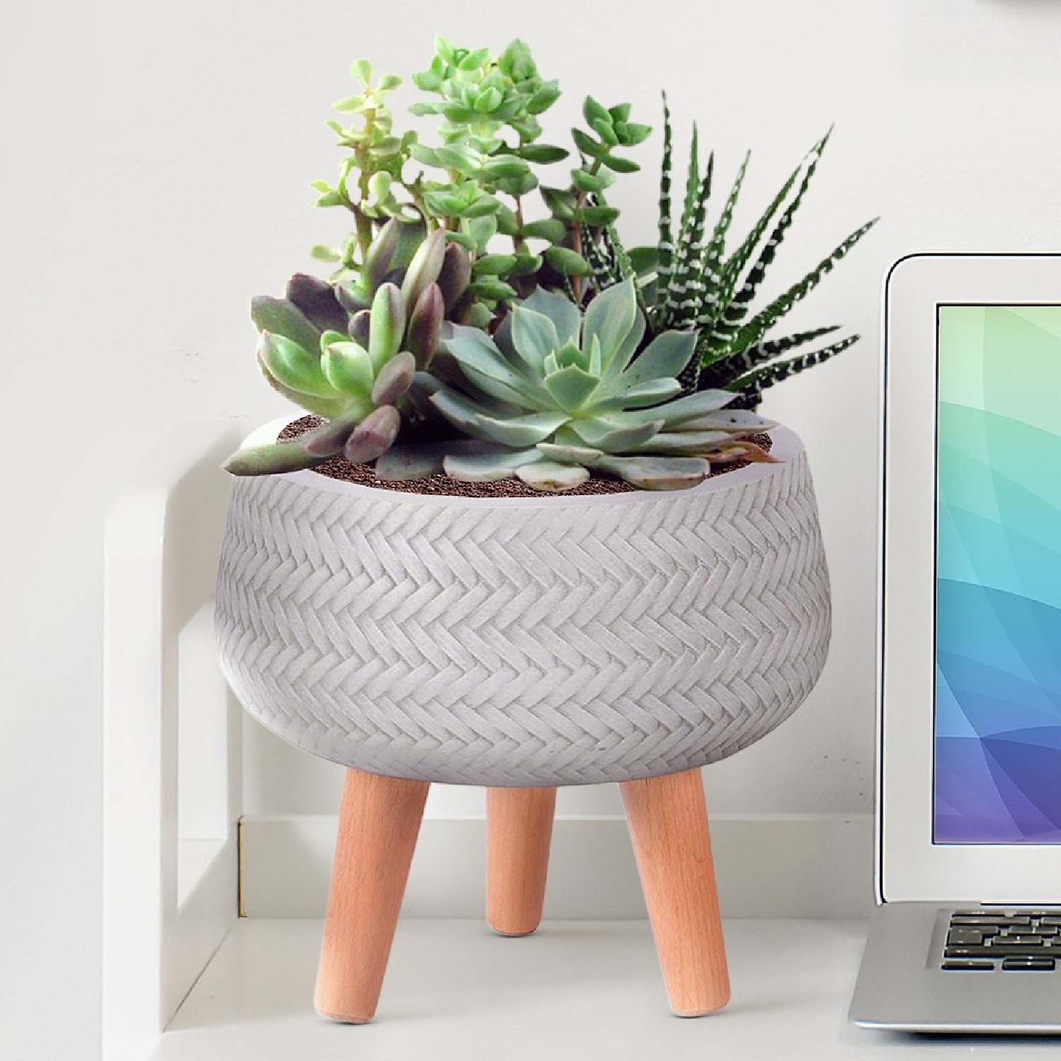 IDEALIST Lite Plaited Style Bowl Planter on Legs, Round Pot Plant Stand Indoor