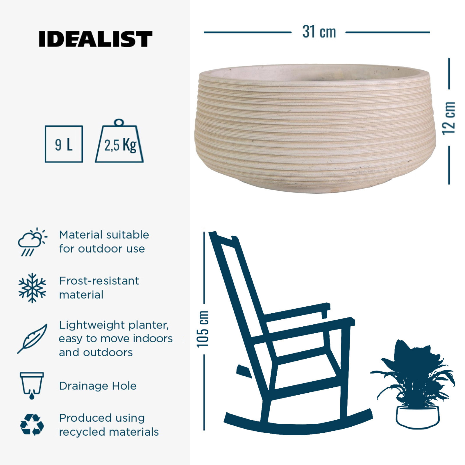 IDEALIST Lite Large Ribbed Light Concrete Bowl Planter