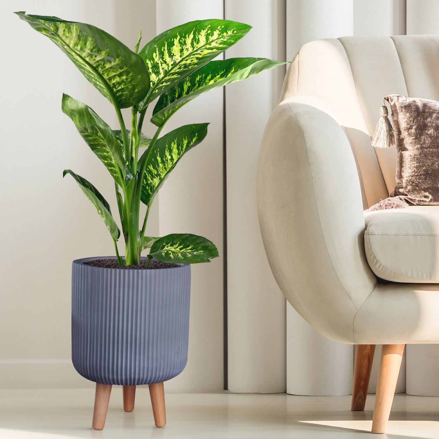 IDEALIST Lite Ribbed Cylinder Planter on Legs, Round Pot Plant Stand Indoor