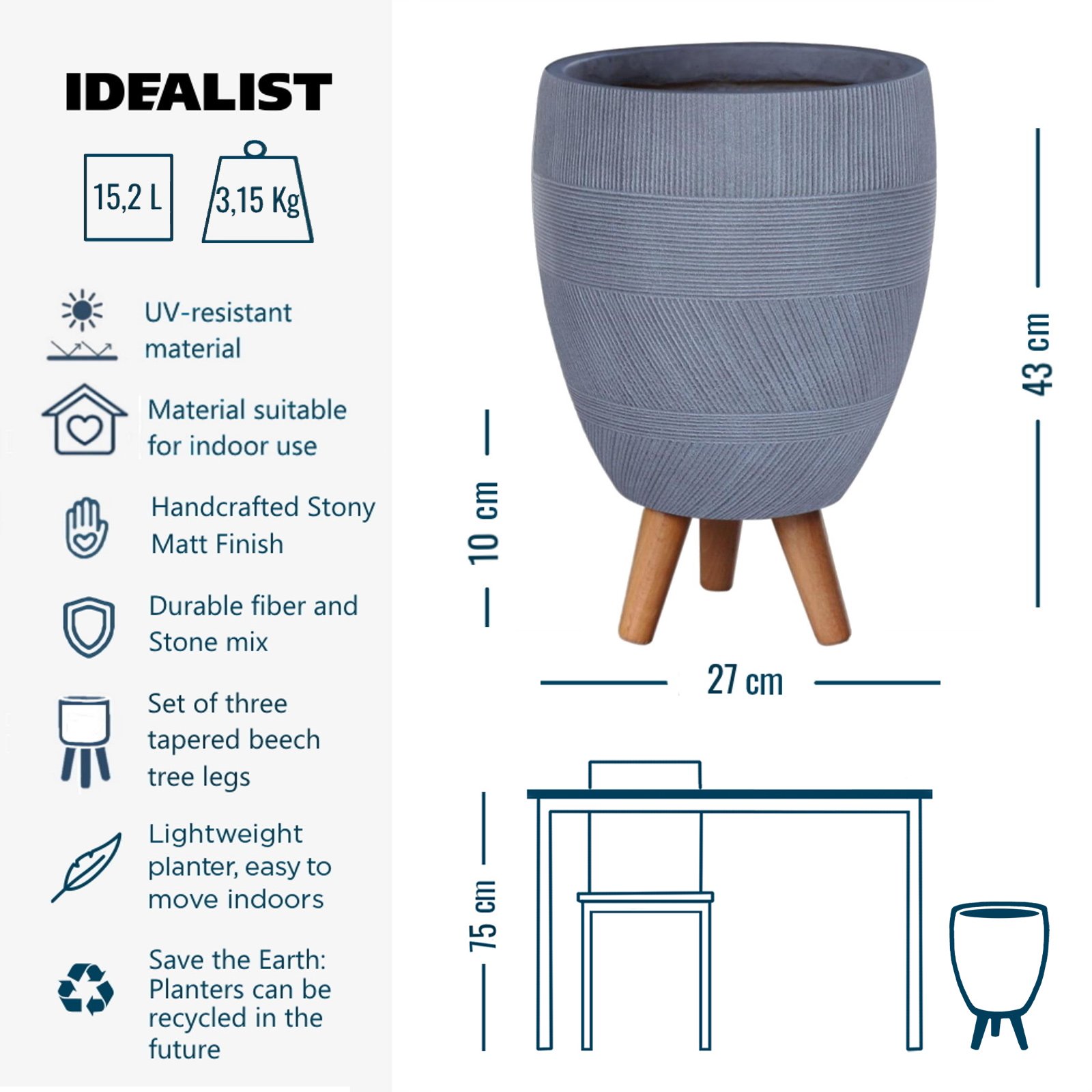 IDEALIST Lite Striped Egg Planter on Legs, Round Pot Plant Stand Indoor