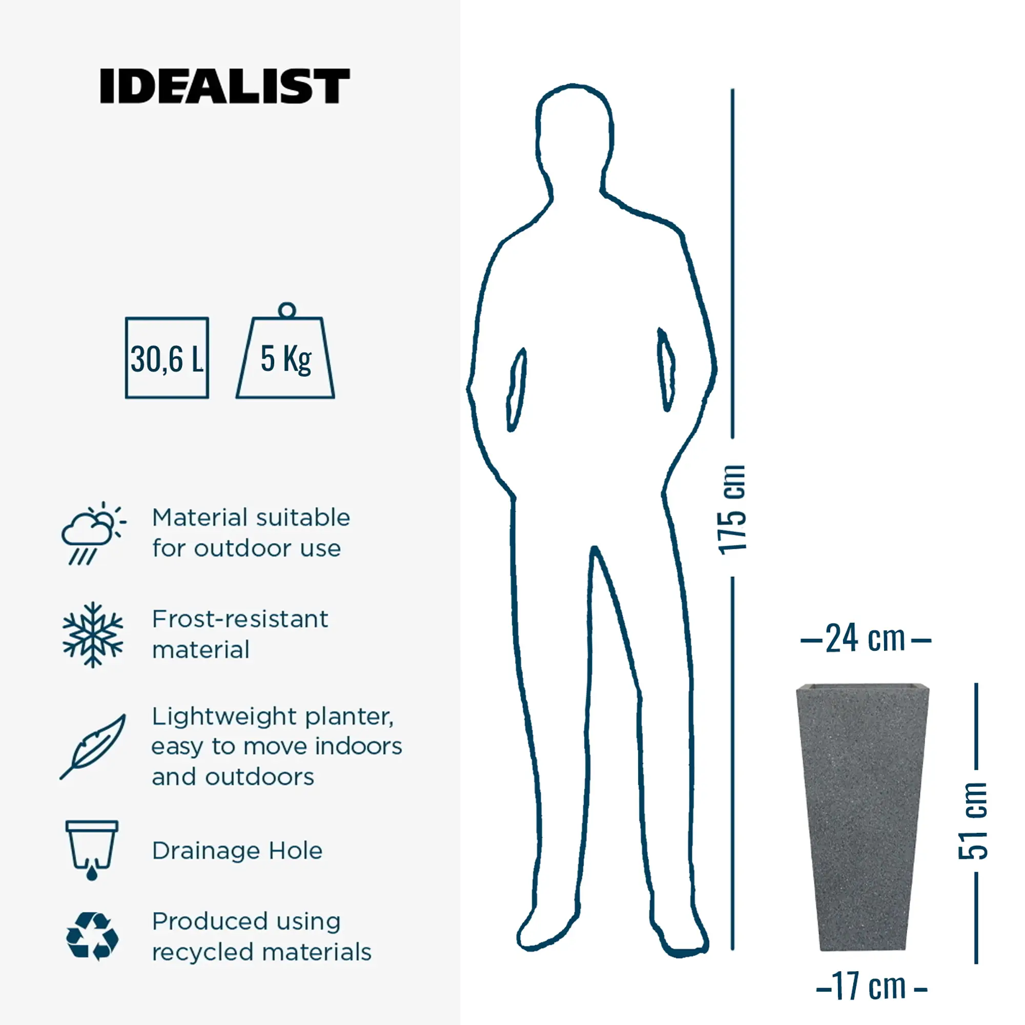 IDEALIST Lite Textured Concrete Effect Tall Tapered Outdoor Planter