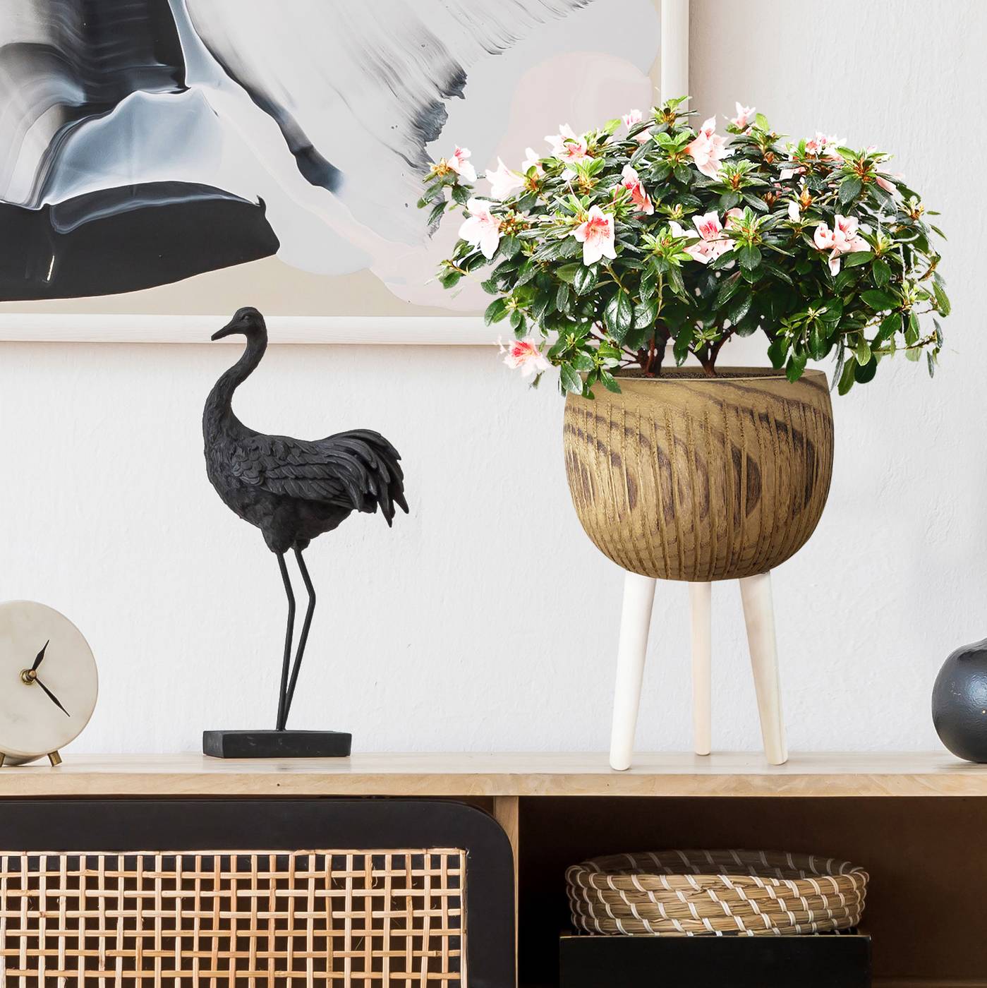 HORTICO RIBBED Wooden House Planter with Legs, Tall Indoor Plant Pot Stand with Waterproof Liner