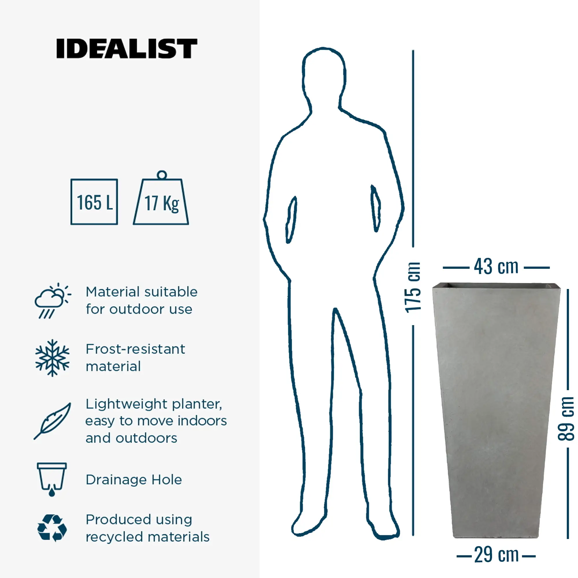 IDEALIST Lite Tall Tapered Contemporary Light Concrete Planter