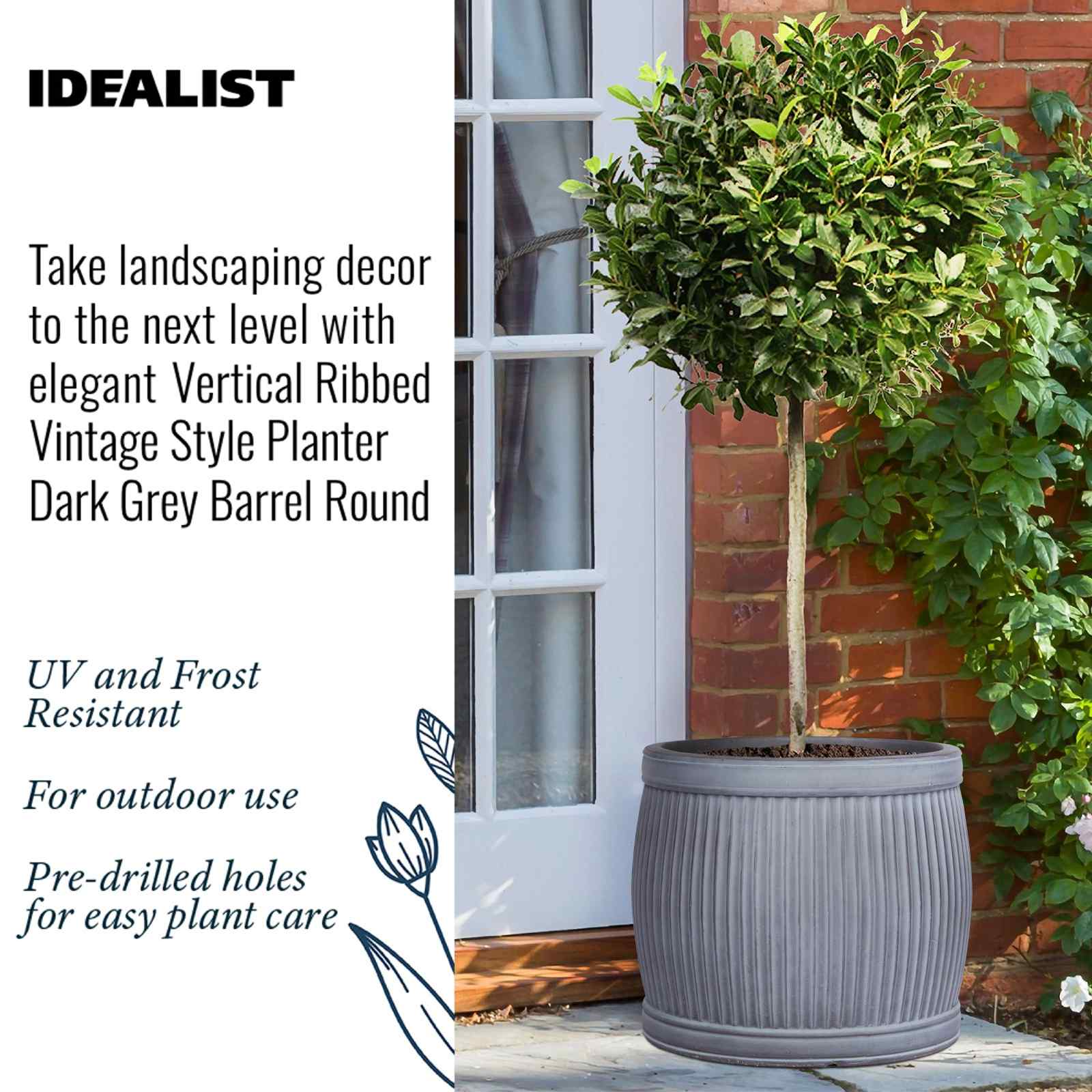 IDEALIST Lite Vertical Ribbed Vintage Style Barrel Round Planter