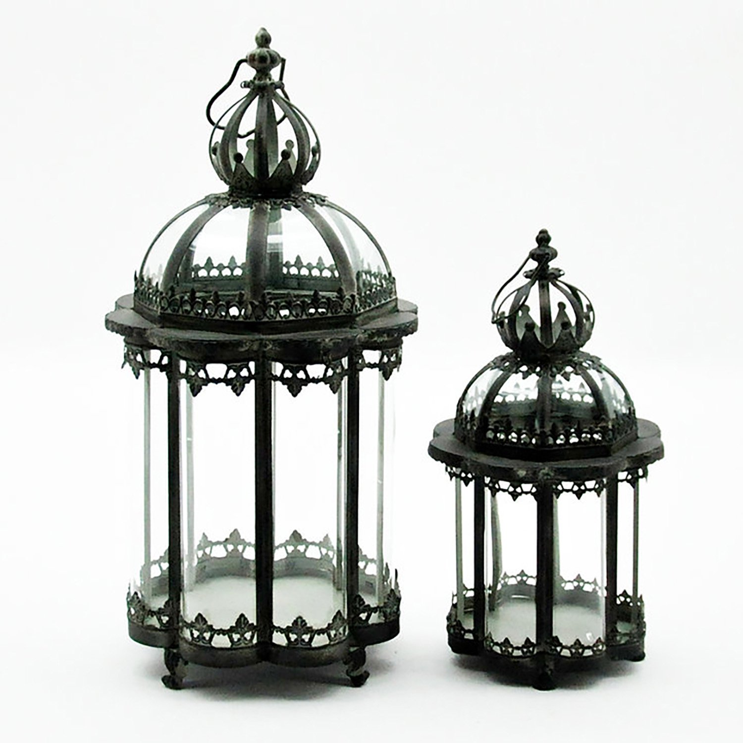 Set of 2 Metal Ornament Garden Dark Silver Lanterns by Minster