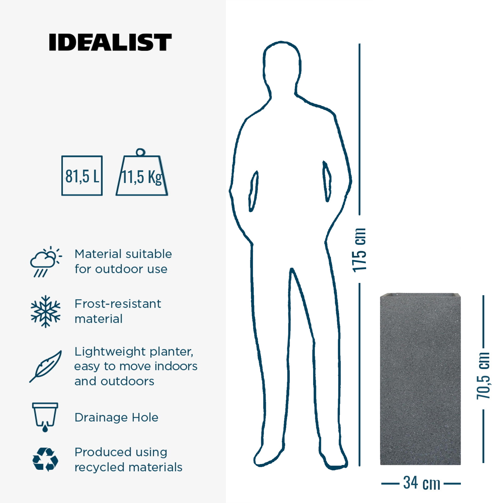 IDEALIST Lite Textured Concrete Effect Tall Square Outdoor Planter