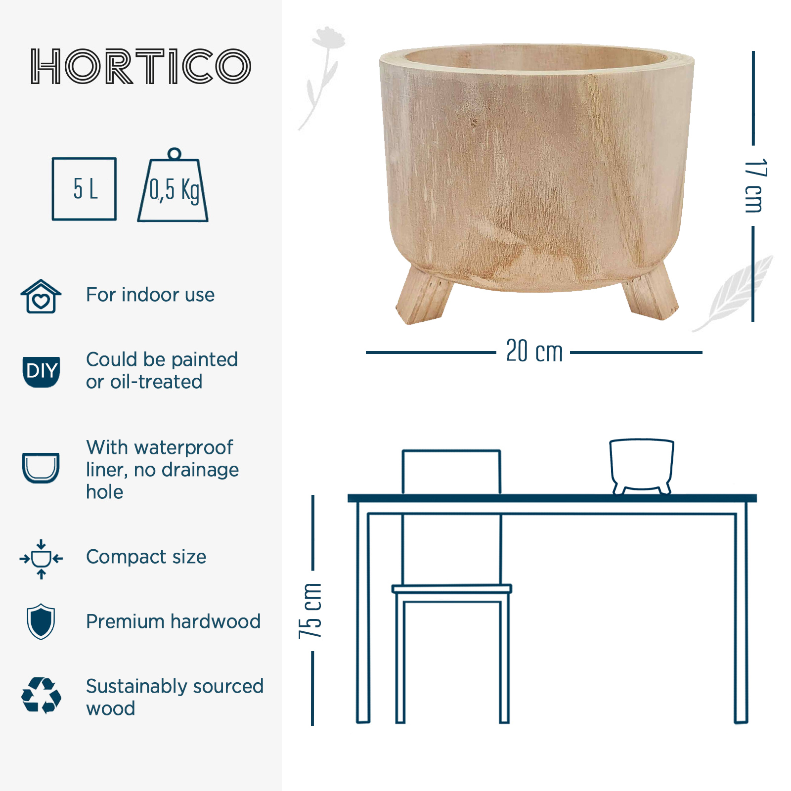 HORTICO GROWER Wooden House Planter with Legs, Indoor Plant Pot Stand with Waterproof Liner