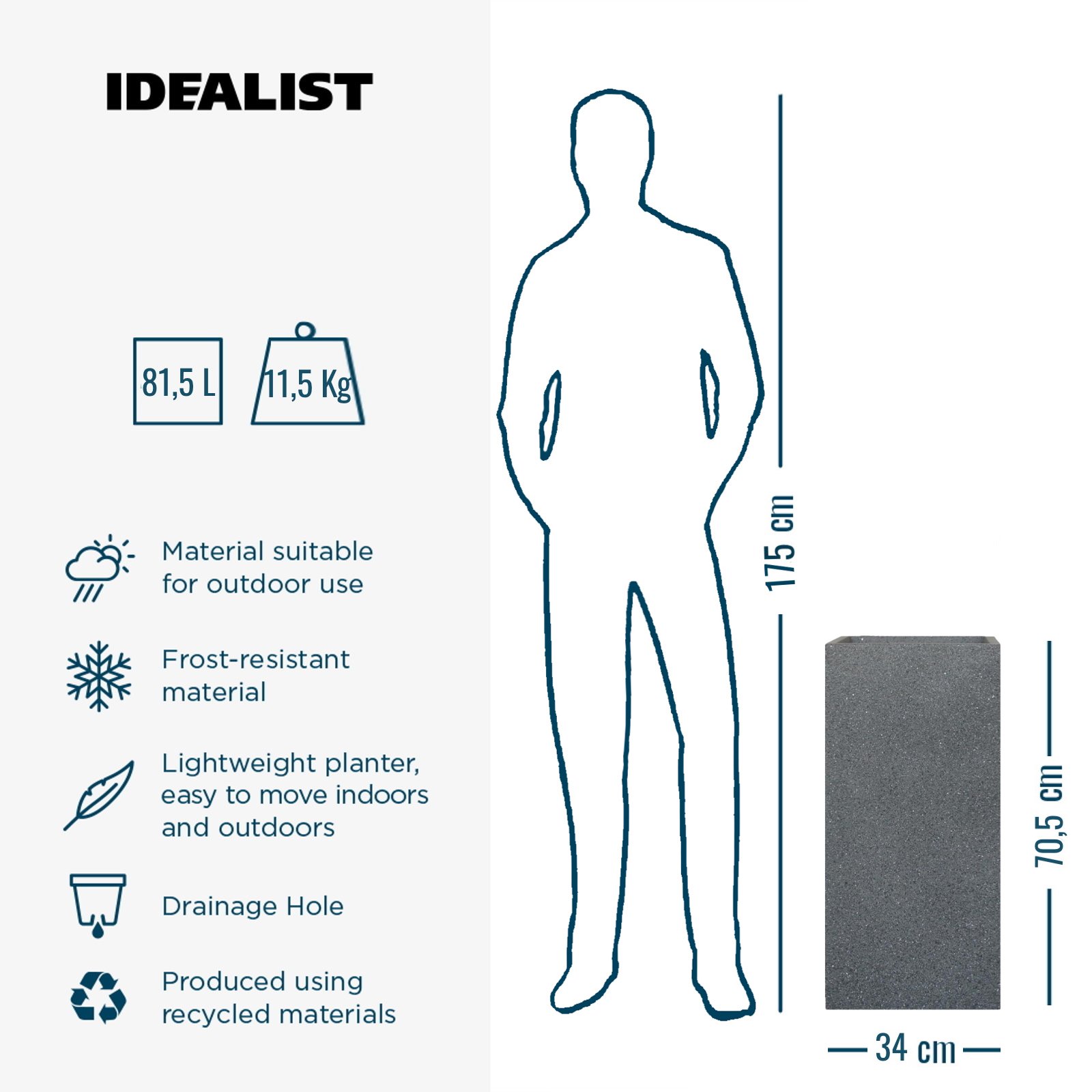 IDEALIST Lite Textured Concrete Effect Tall Square Outdoor Planter