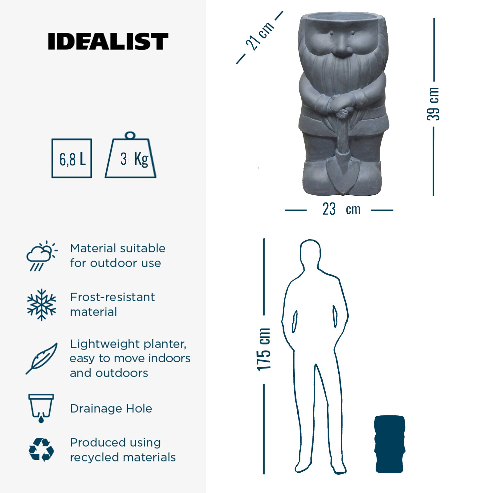IDEALIST Lite Gnome with a Shovel Oval Plant Pot Outdoor