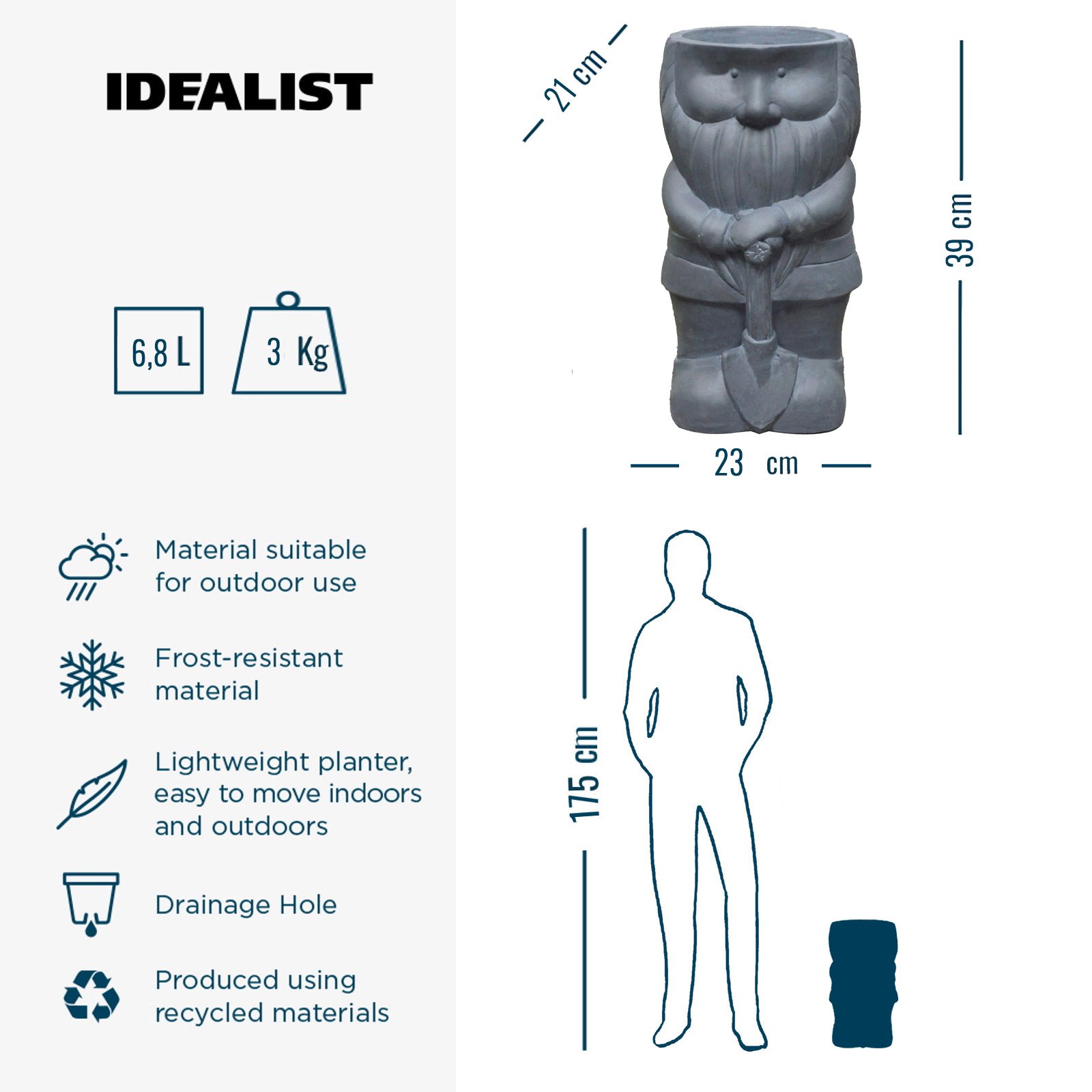 IDEALIST Lite Gnome with a Shovel Oval Plant Pot Outdoor
