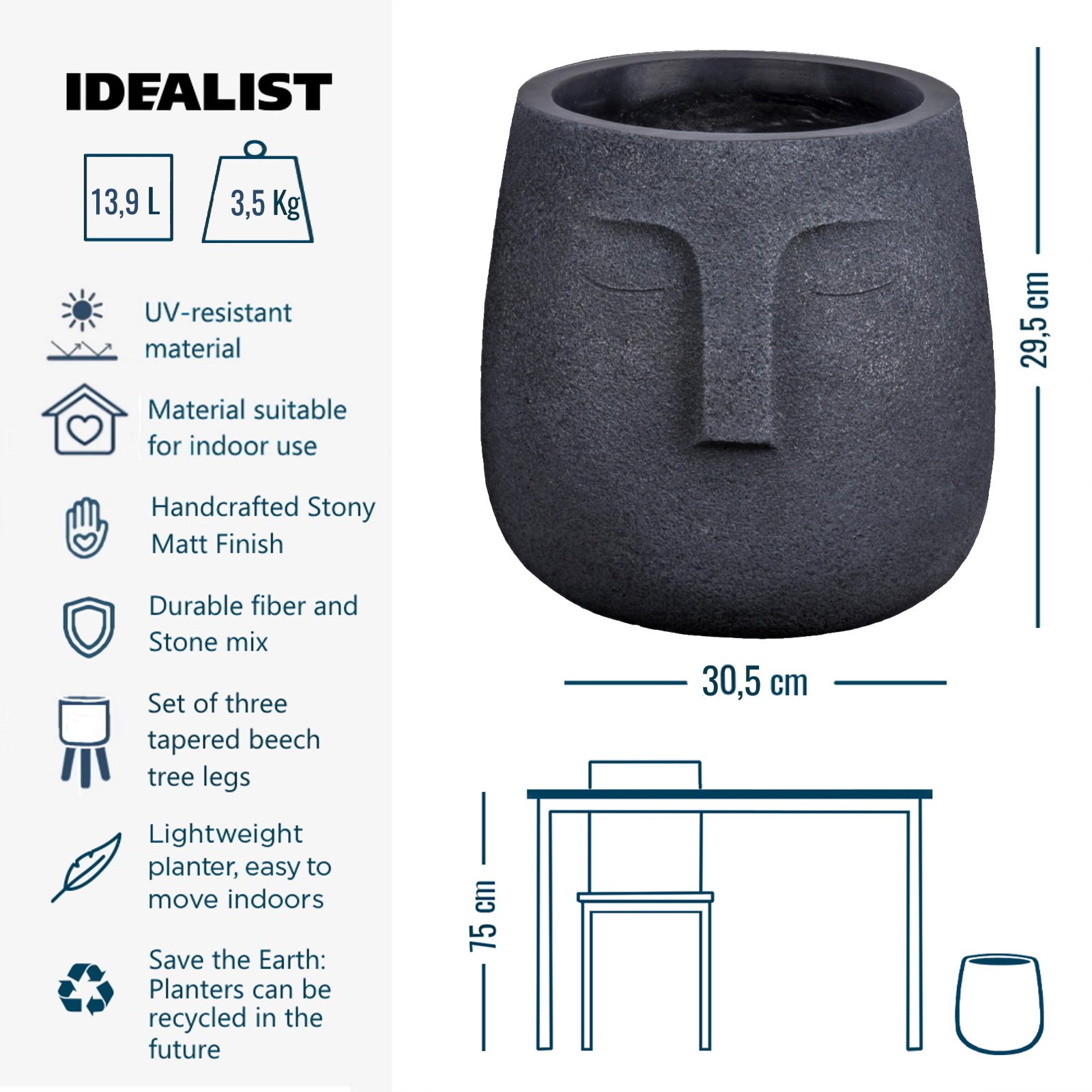 IDEALIST Lite Textured Concrete Effect Oval Indoor Face Pot