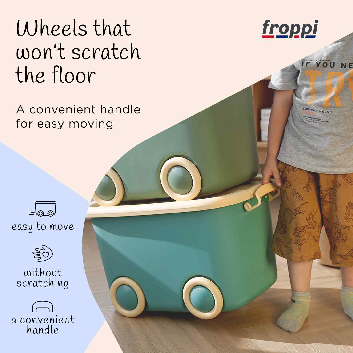 Stackable Green Plastic Kids Toy Storage Box with Lid and Wheels