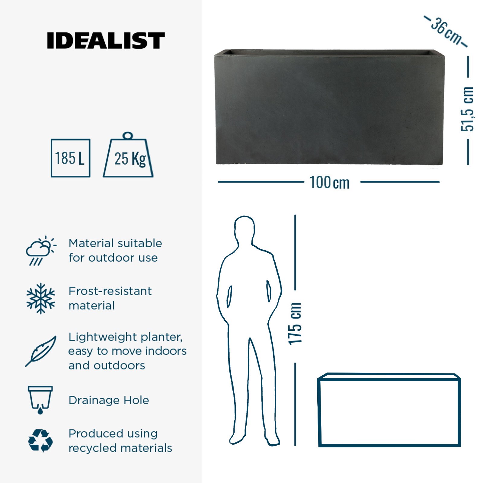 IDEALIST Lite Contemporary Light Concrete High Trough Planter