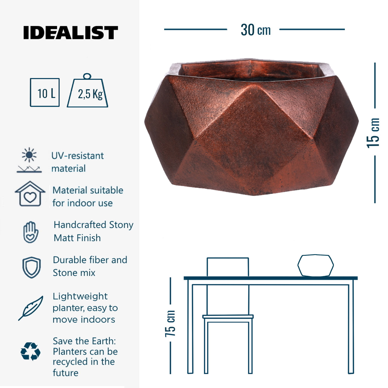 IDEALIST Lite Faceted Effect Bronze Bowl Planter Indoor Plant Pot