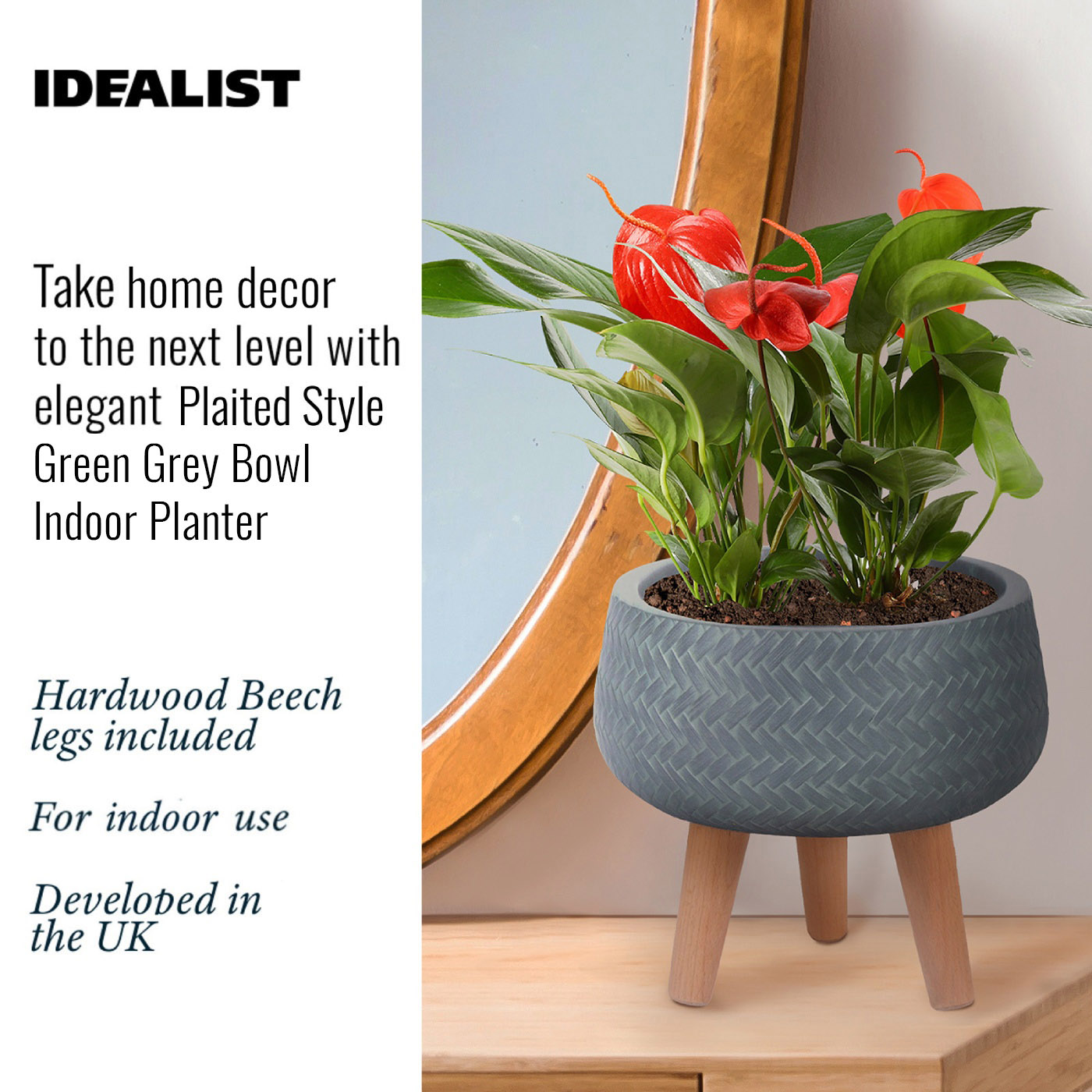 IDEALIST Lite Plaited Style Bowl Planter on Legs, Round Pot Plant Stand Indoor