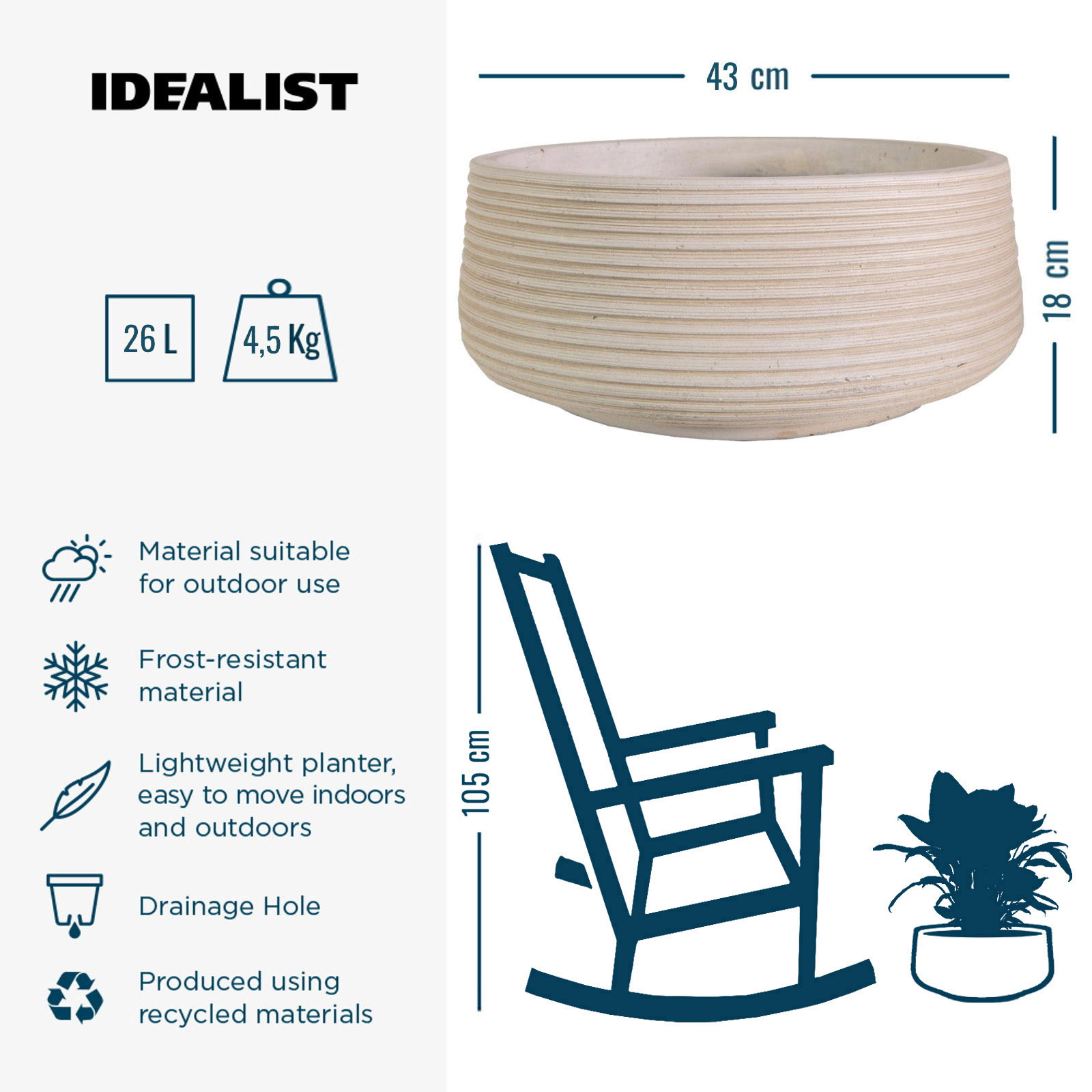 IDEALIST Lite Large Ribbed Light Concrete Bowl Planter