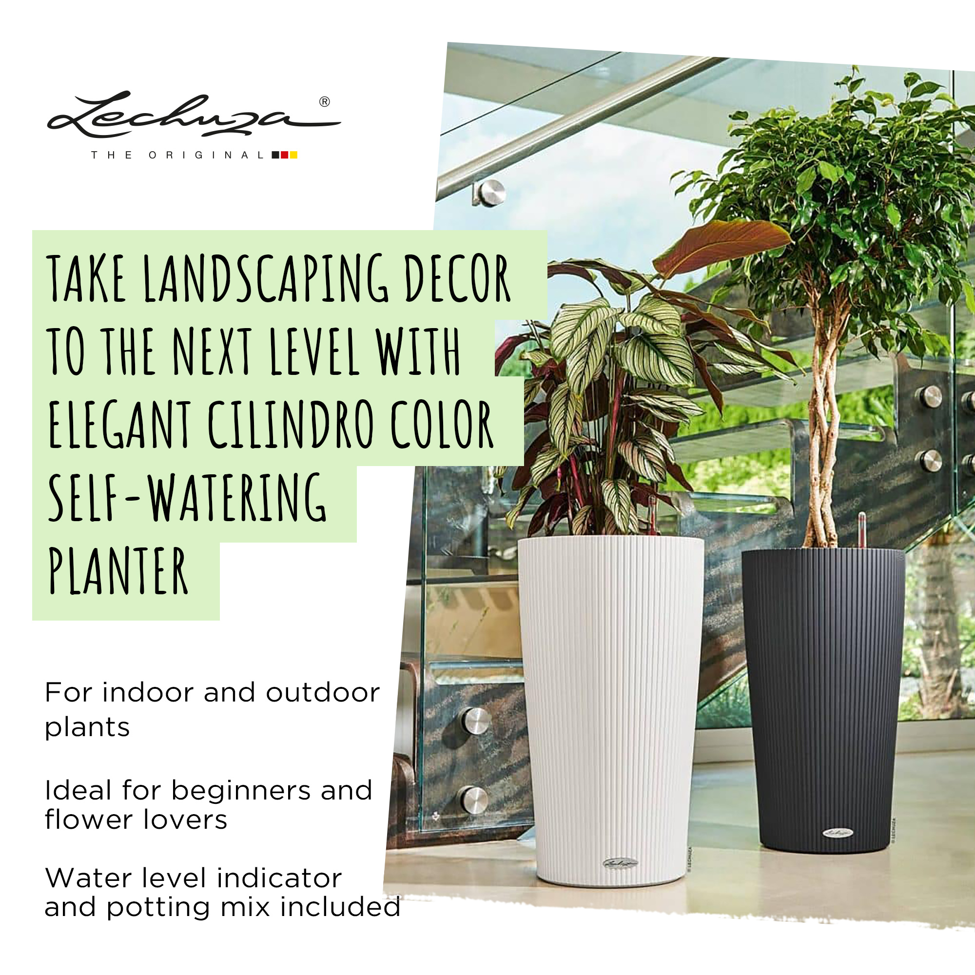 LECHUZA CILINDRO Color Round Tall Poly Resin Self-watering Planter