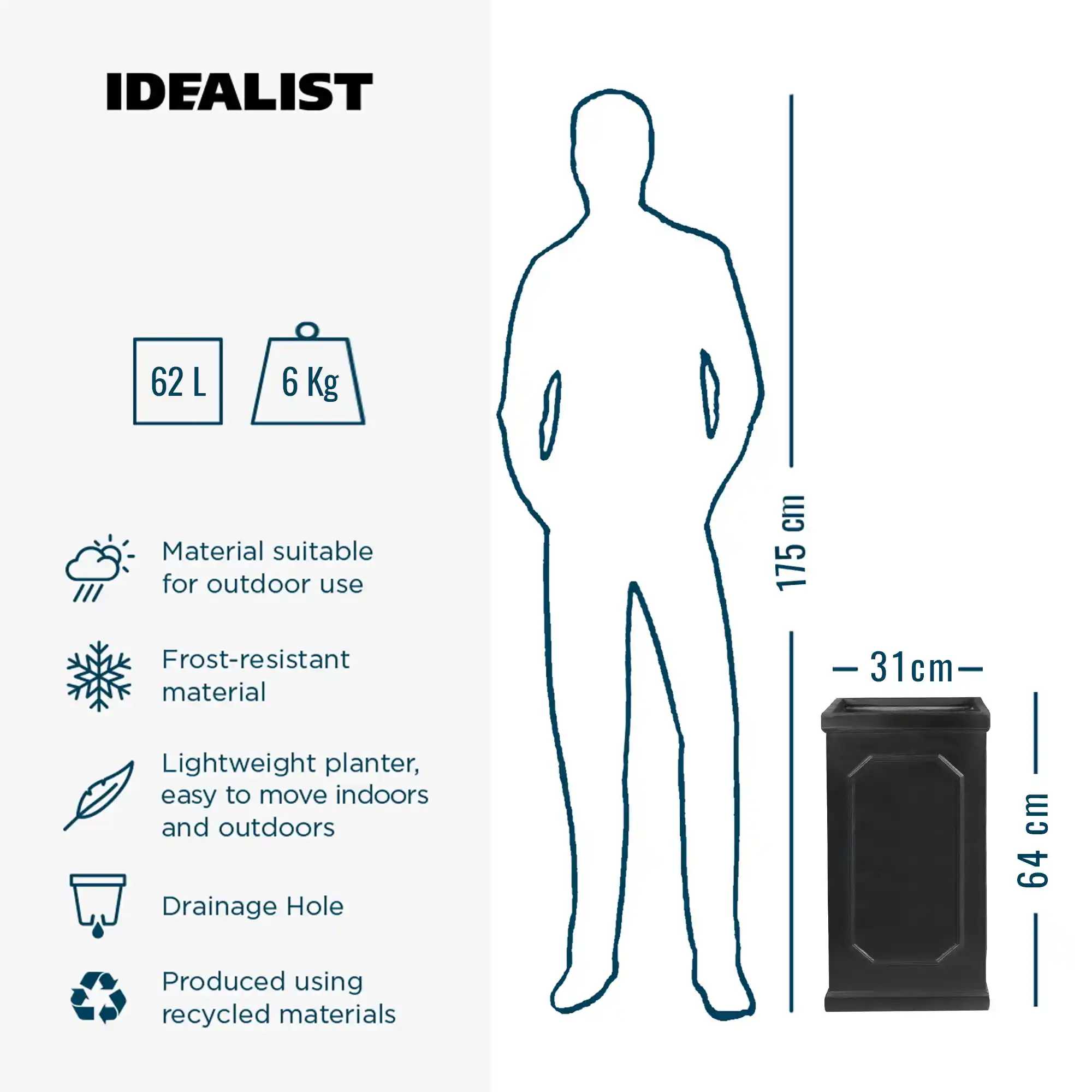 IDEALIST Lite Faux Lead Chelsea Light Concrete Tall Square Planter