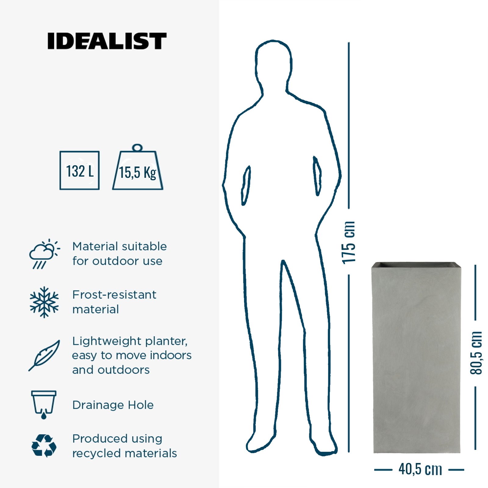 IDEALIST Lite Tall Square Contemporary Light Concrete Planter