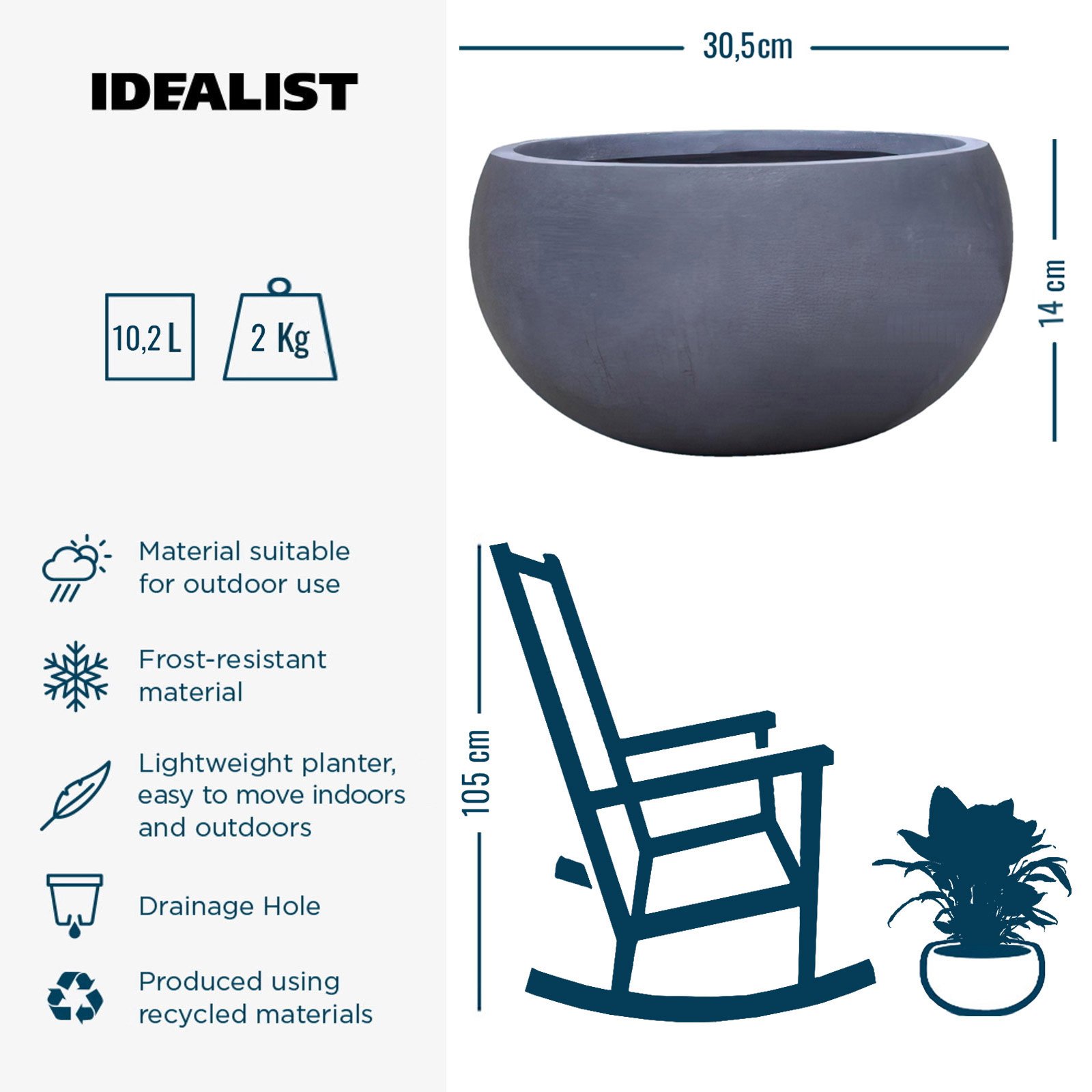 IDEALIST Lite Classic Smooth Bowl Outdoor Planter