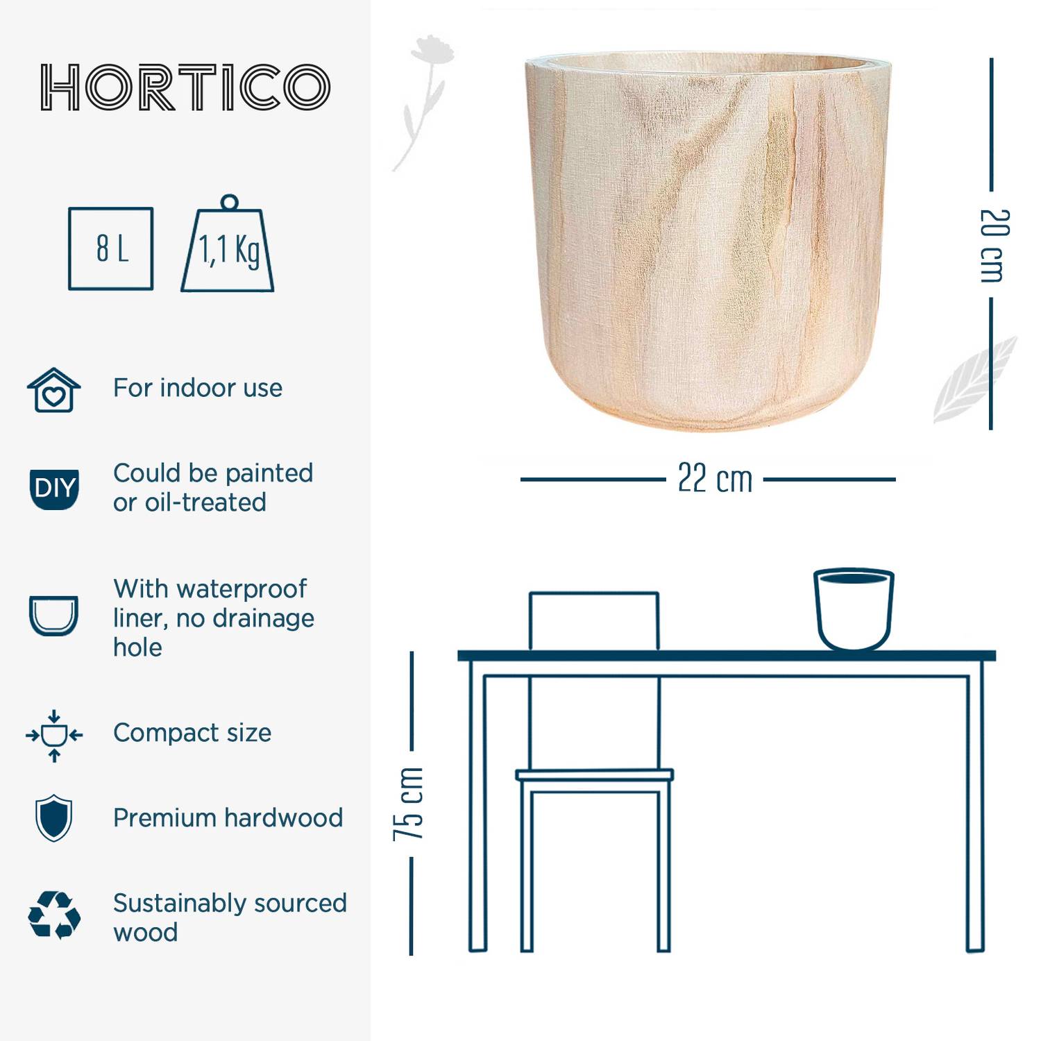 HORTICO CRAFT Wooden House Planter Round Indoor Plant Pot for House Plants with Waterproof Liner