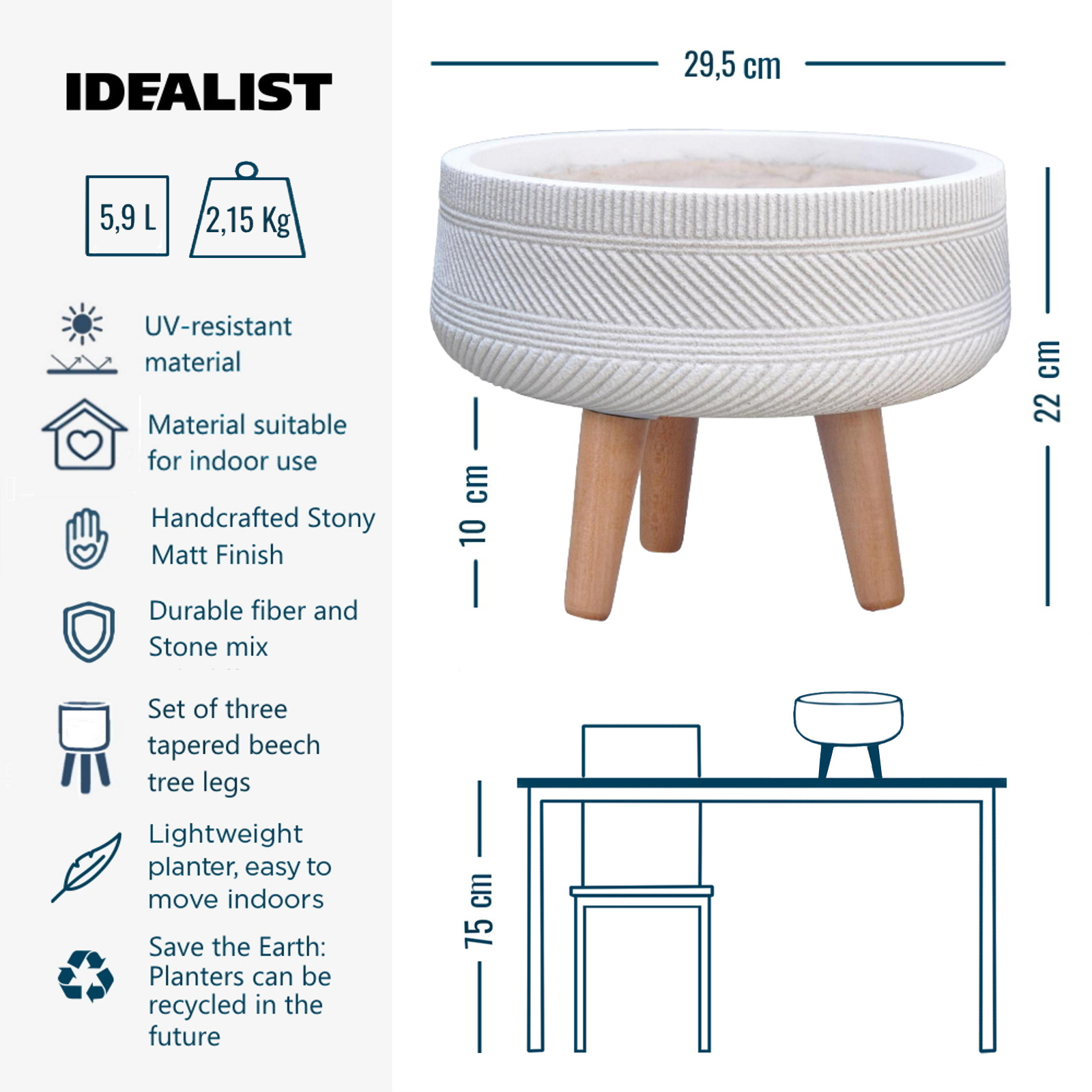 IDEALIST Lite Striped Tray Round Planter on Legs, Round Pot Plant Stand Indoor