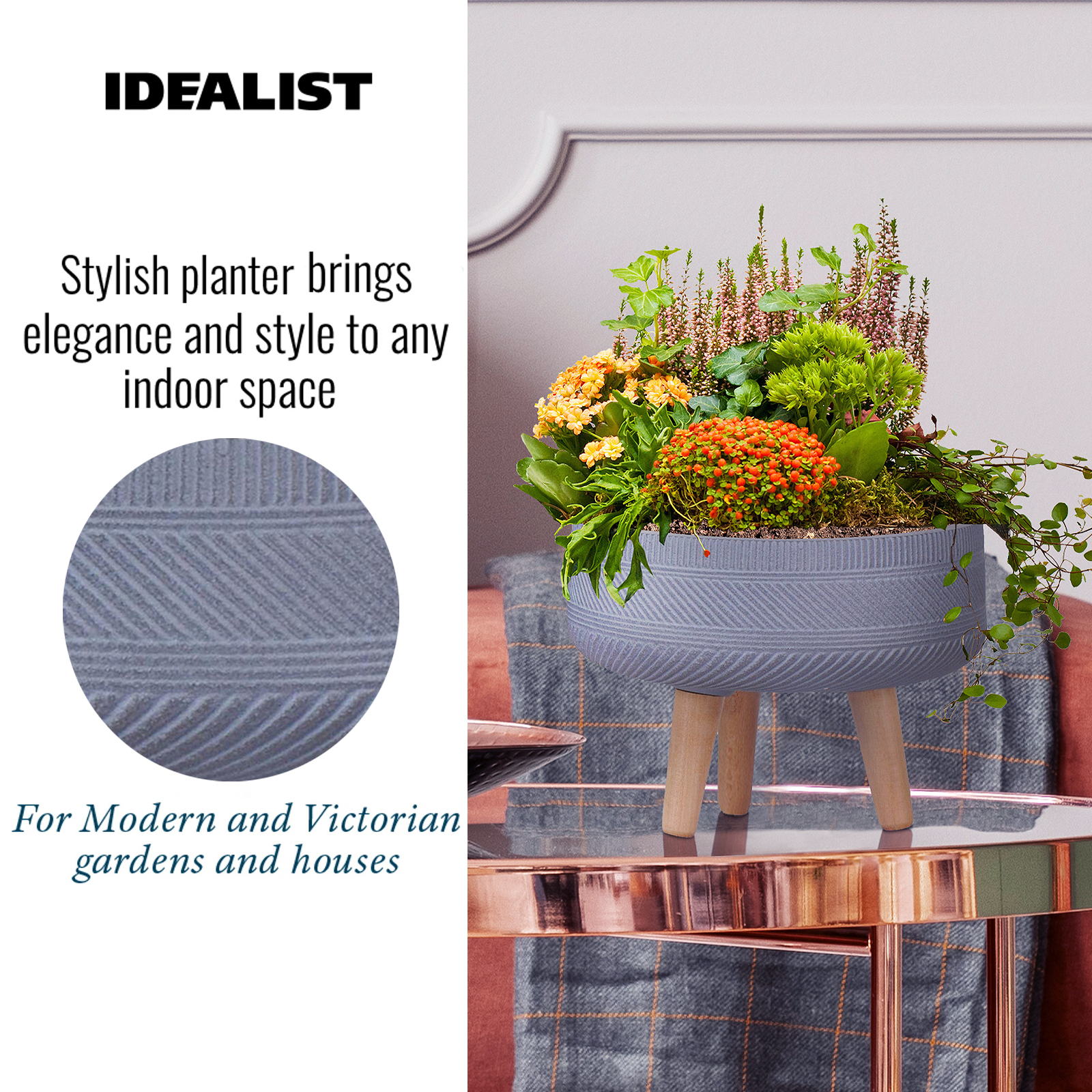 IDEALIST Lite Striped Tray Round Planter on Legs, Round Pot Plant Stand Indoor