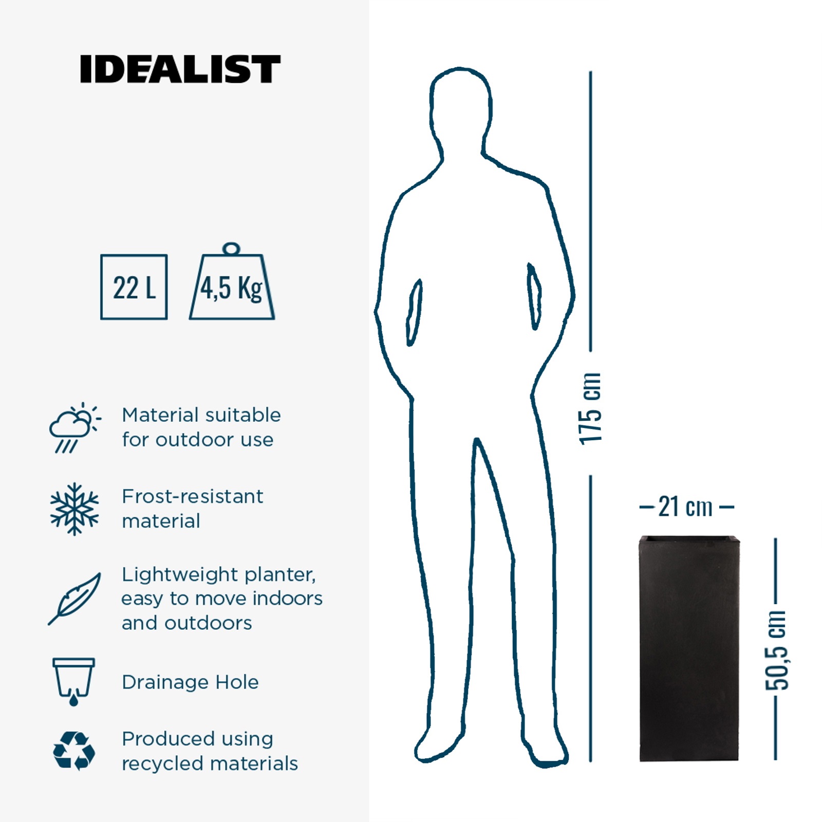 IDEALIST Lite Tall Square Contemporary Light Concrete Planter