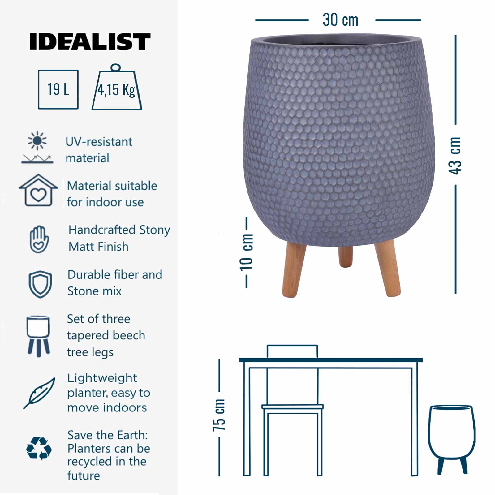 IDEALIST Lite Honeycomb Style Egg Planter on Legs, Round Pot Plant Stand Indoor