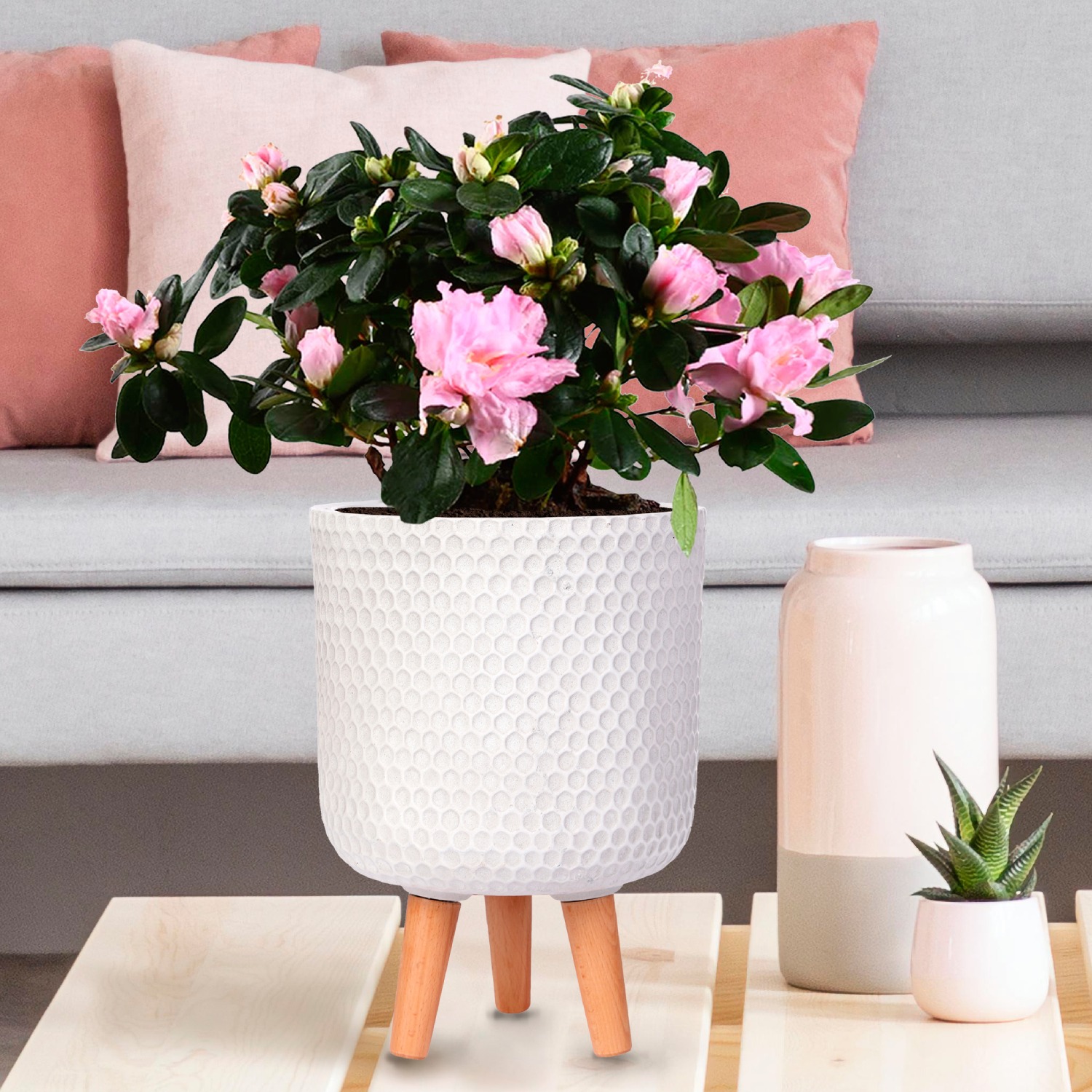 IDEALIST Lite Honeycomb Style Cylinder Planter on Legs, Round Pot Plant Stand Indoor