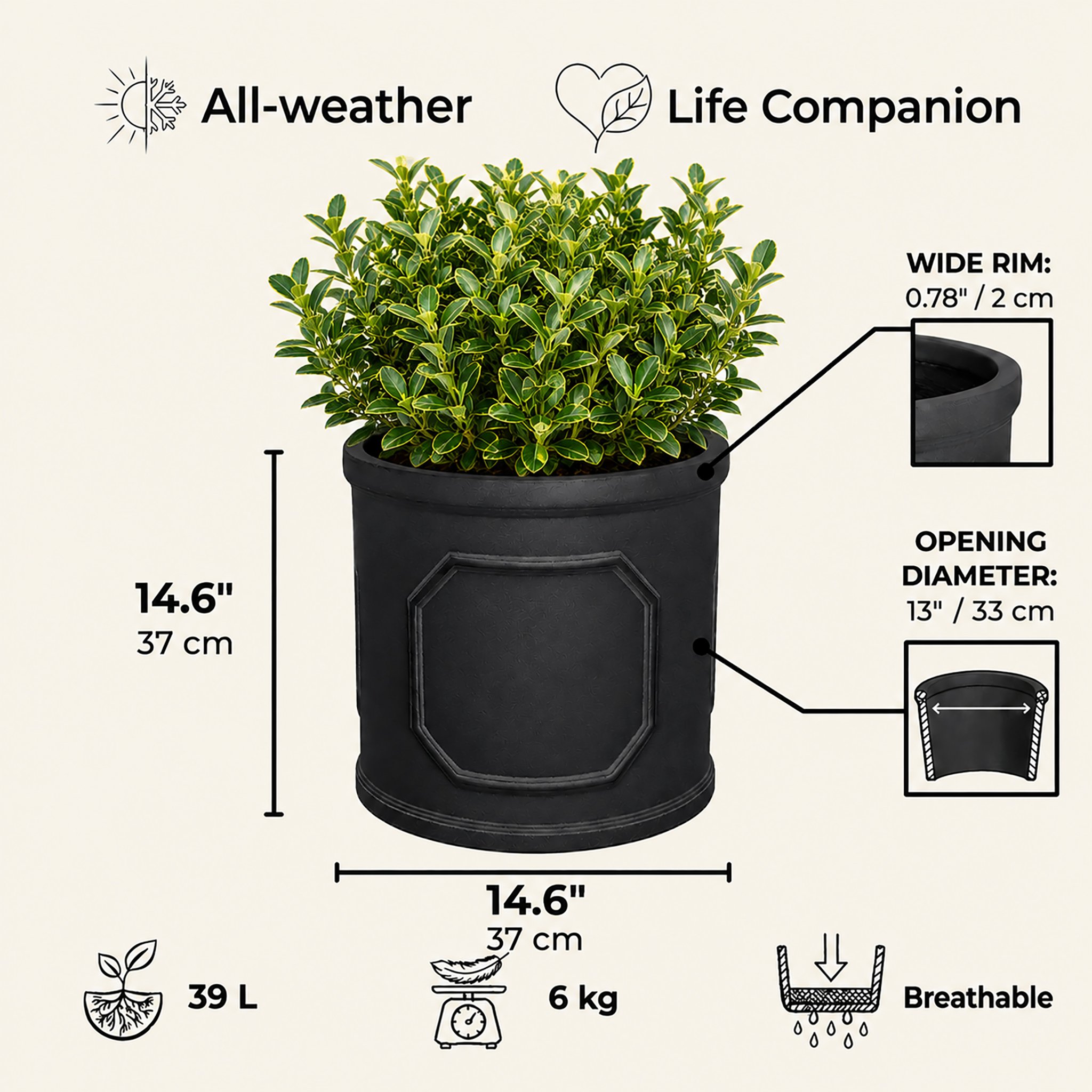 IDEALIST Chelsea Light Concrete Cylinder Garden Planter